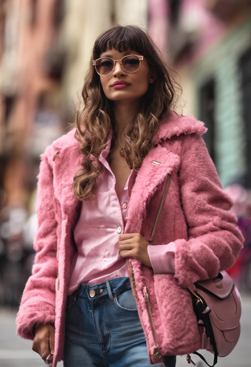 Uma menina fofa e com olhos azuis, cabelo rosa e comprido, wearing a pink jacket and jeans and holding a Prada bag.