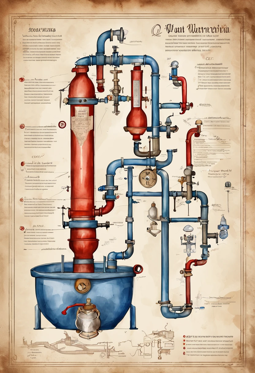 A diagram of a water heater with a red valve and a blue valve, Valves, description, alta resolução, imagem vazada, Pipes and Valves, gas, piping, diagramaa de engenharia, combustion engine, Detailed chemical diagram, technical, Contra, Brass and steam technology, Mechanical diagram, capturar, diagrama, Manual, saliva industrial, by João Artur da Silva