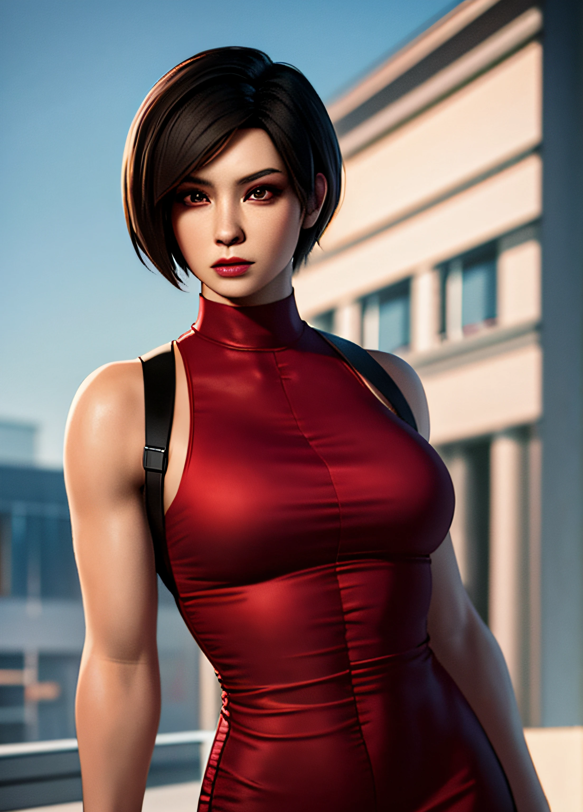 young woman 20 years old, red velvet dress, resident evil style, brown eyes, athletic body, realistic style, 8k, medium breasts,  protruding through clothes, asian, model Ada wong realistic, real photo, realism