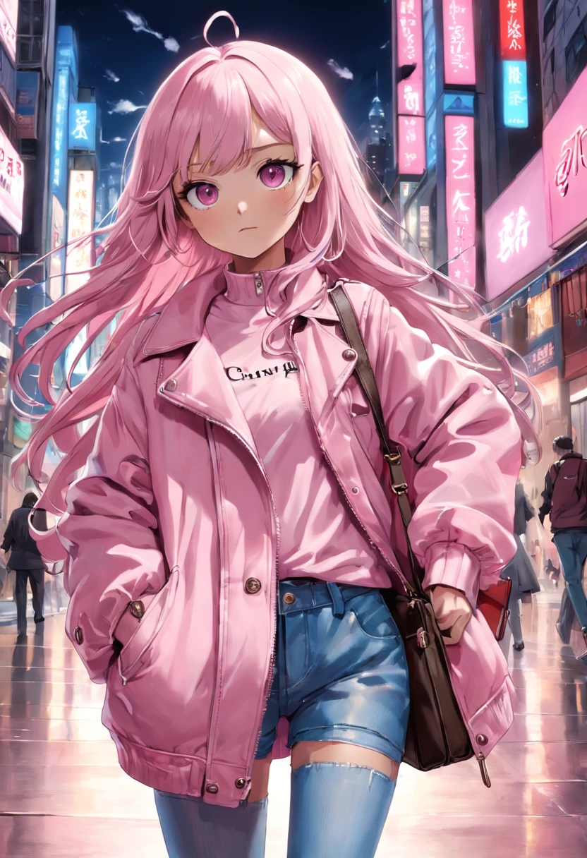 Uma menina fofa e com olhos azuis, cabelo rosa e comprido, wearing a pink jacket and jeans and holding a Prada bag.