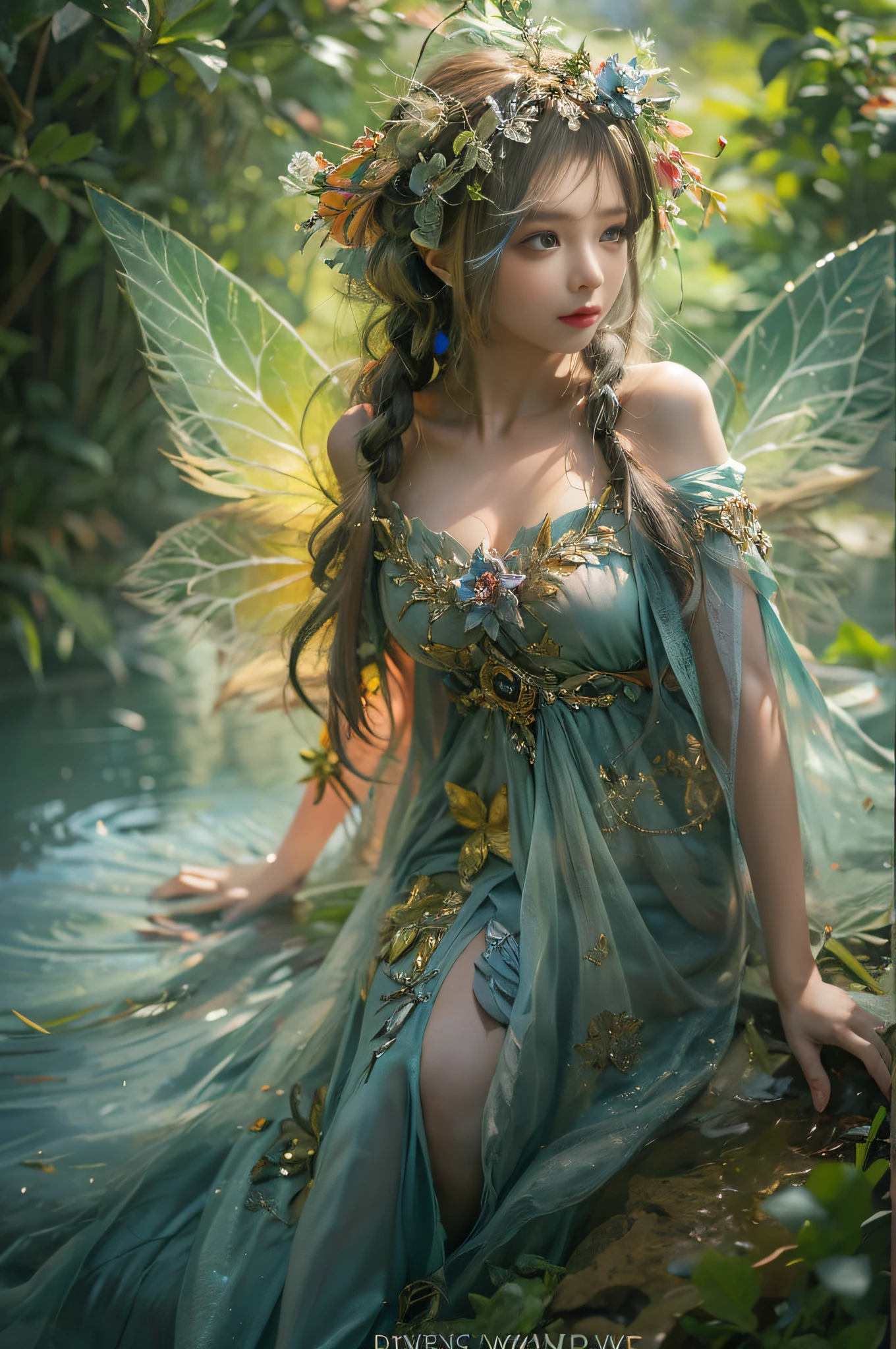 "A mesmerizing and enchanting depiction of a captivating 'Flower Fairy' cosplay poses in a pristine and magical woodland with a pond close to a waterfall setting, flowing gown. The fairy possesses an otherworldly beauty with ethereal wings, her graceful pose exuding a sense of wonder and magic. Let the colors come alive with a vivid and dreamlike atmosphere, drenched in soft sunlbeams and shimmering particles of pollen. Create a masterpiece capturing the essence of nature's enchantment and the mystical presence of the 'Flower Fairy'."