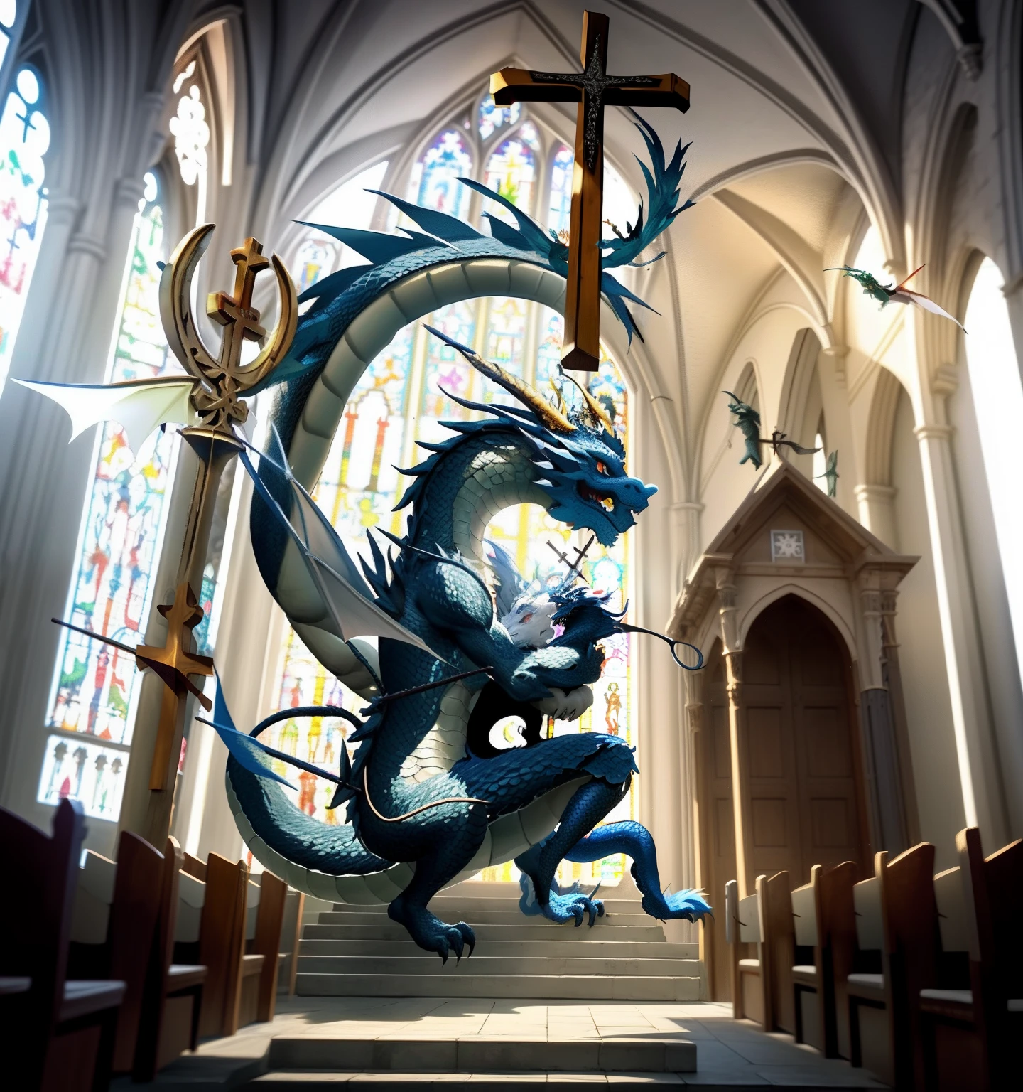 The dragon hugs the quest, dragon, Dragon with wings, The Dragon on the Cross, church, cross, dragon