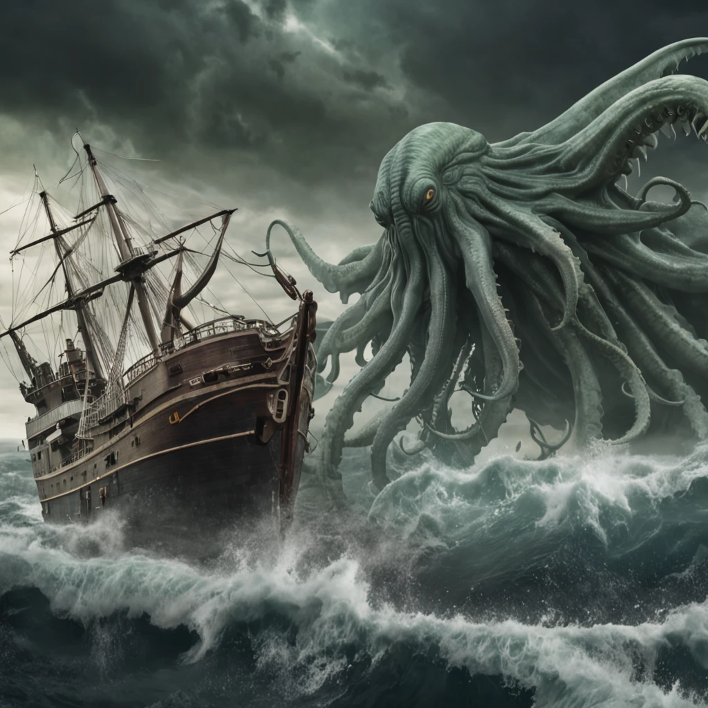 Arafed octopus attacking a ship in a stormy sea - SeaArt AI