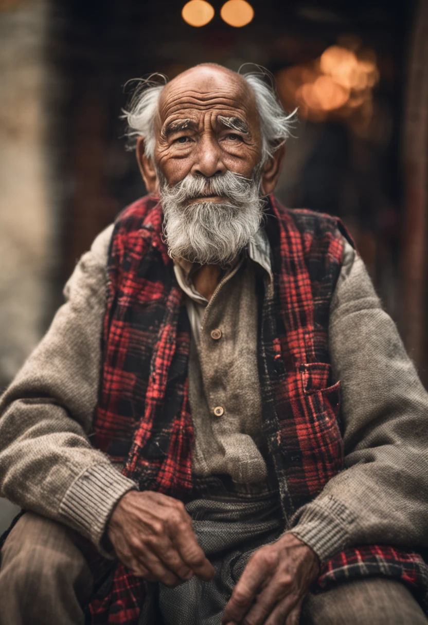 an elderly man dressed in plaid with his beard visible, in the style of canon ts-e 17mm f/4l tilt-shift, himalayan art, light brown and gray, powerful portraits, creased crinkled wrinkled, celebration of rural life, pseudo-realistic