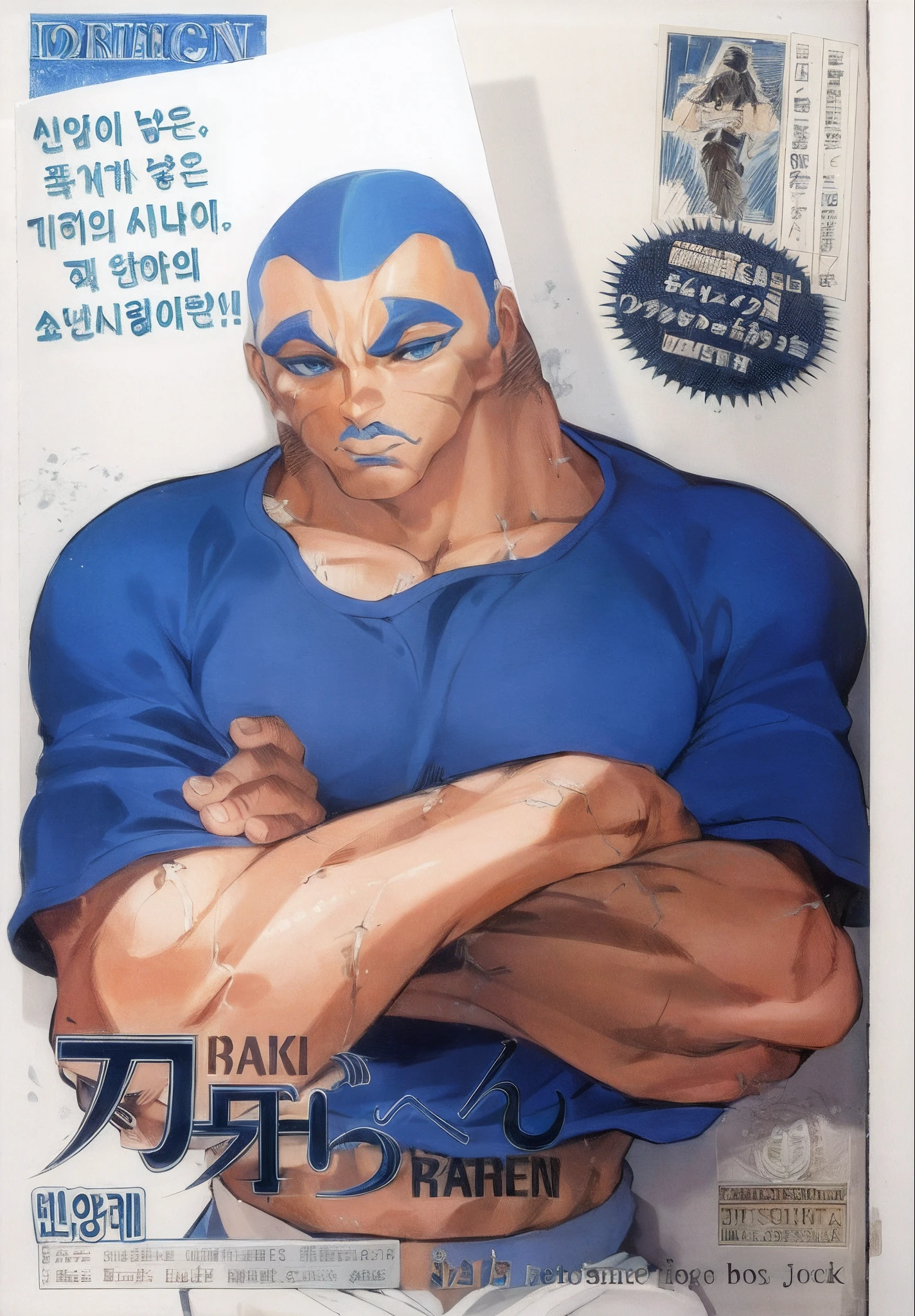 Hombre musculoso, cabello rubio, ojos azules, camiseta, Cicatrices