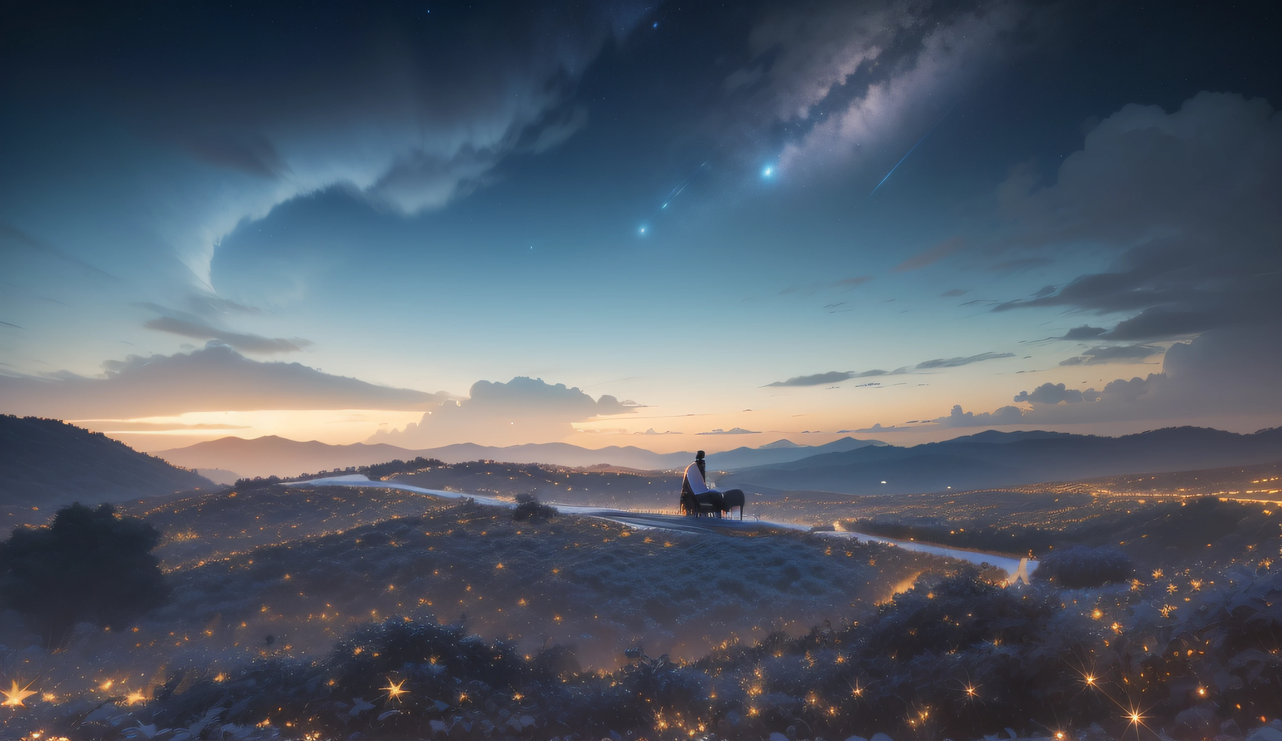 uma lua cheia linda ao fundo, Cideral space, estrelas, cena linda, 8k, detailed hands, atmosfera maravilhosa, bokeh, specular, desfoque de camera