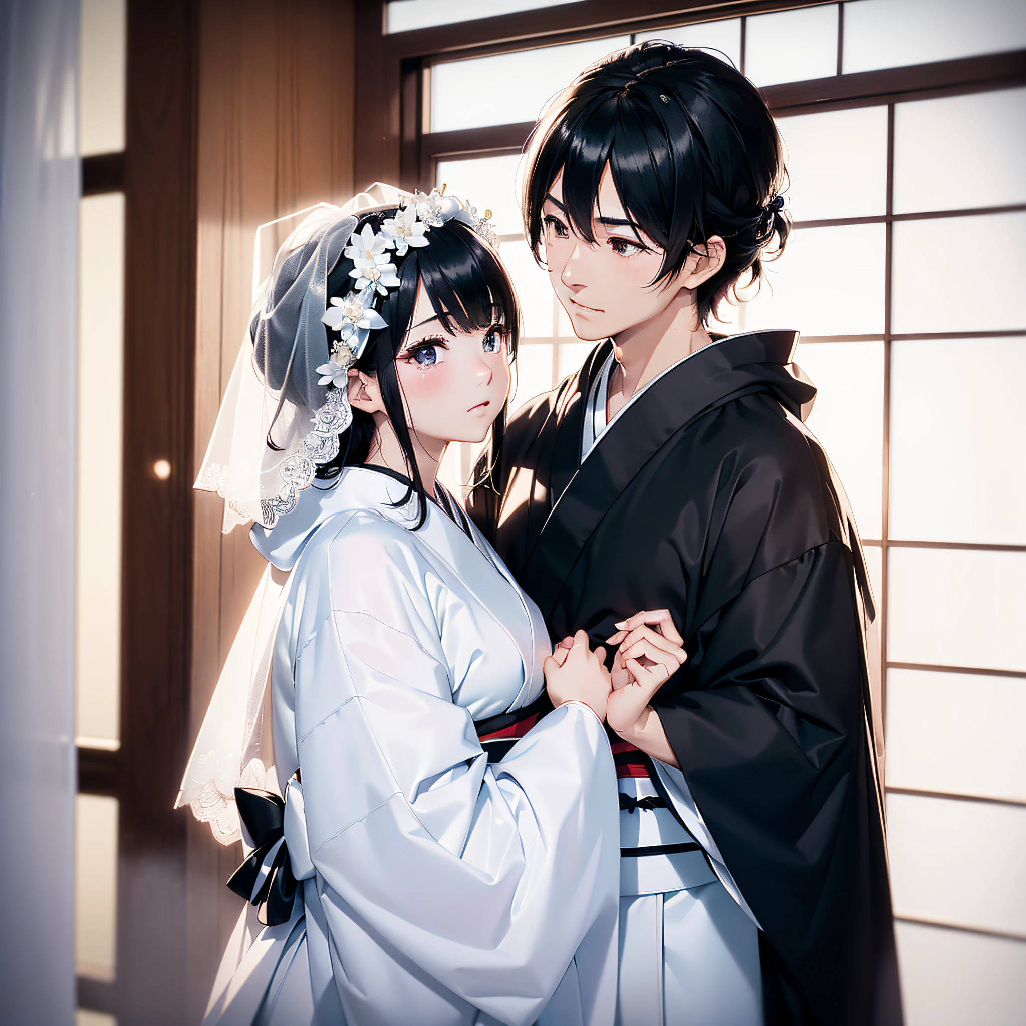 ((Wedding in a classic kimono of the Japan、((Couple of groom and bride))、The groom is(White crest)impression(Black haori)Ni no(Hakama with black and white stripes)Wear、(The bride is((Pure white large bulging hood))Hated(A pure white kimono called pure white)):1. 8、(Calm and quiet morning)):1.5、Highly detailed background、realisitic、ultra-detailliert、super-detaild skin、ray of lights、film grains、Expro II、lensflare、sharp、cinematic shadow