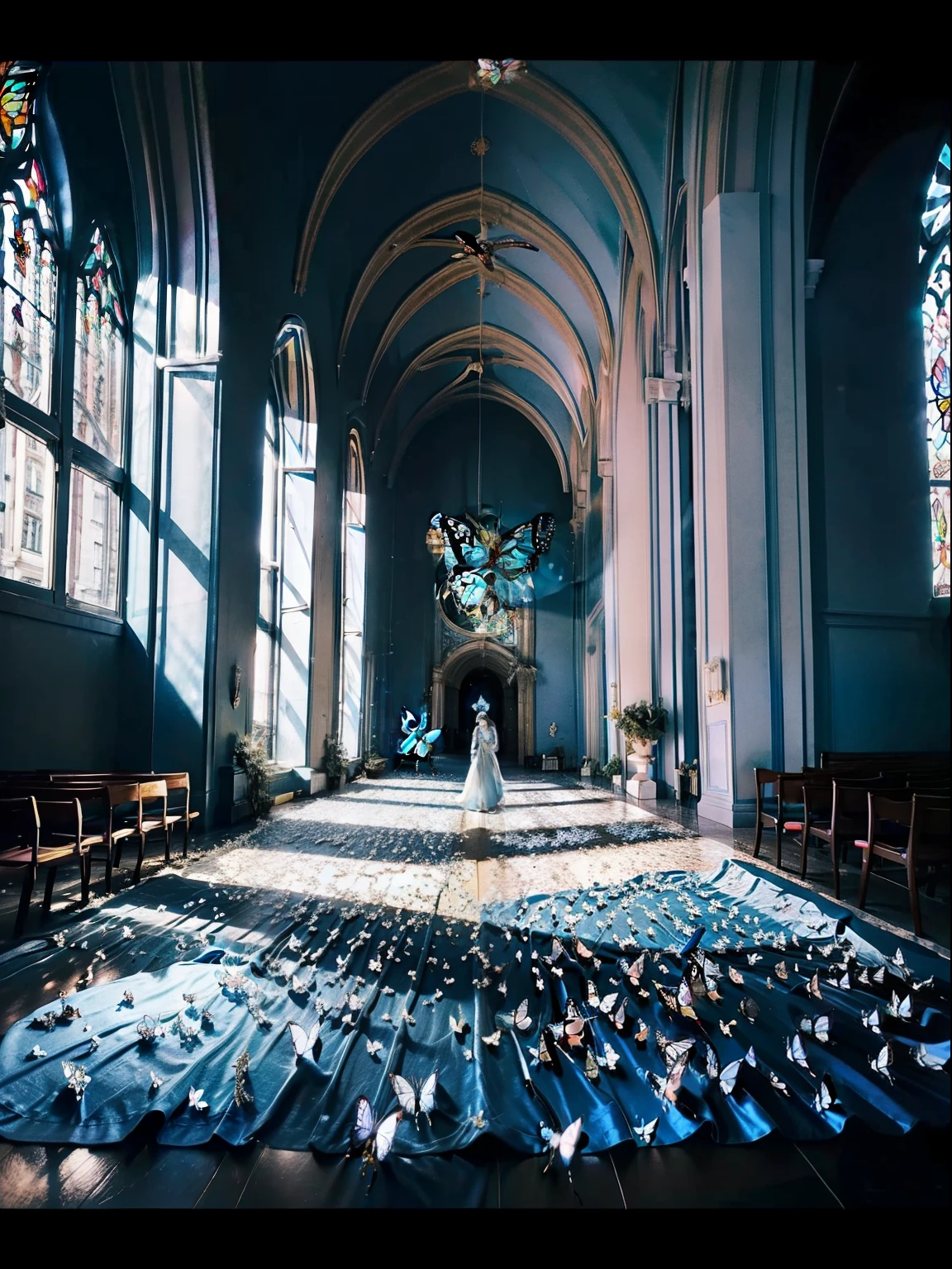 Character faces，Farewell to the middle view，In church，Stand in a flock of butterflies，Butterflies surround people，Many butterflies，symetrical composition，Huge floor-to-ceiling windows，brightly，Many blue butterflies，Many small butterflies，Flocks of butterflies fly，Photographic works，orthofacial，