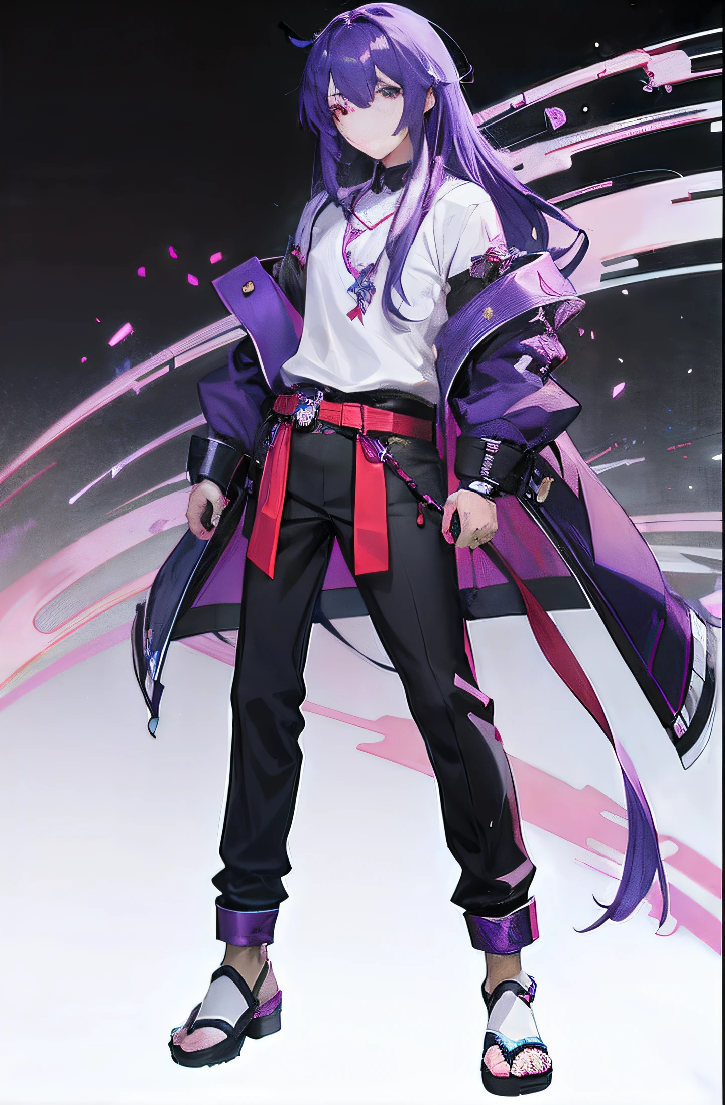 anime character with purple hair and black pants standing in front of a black background, keqing from genshin impact, zhongli from genshin impact, official character art, from arknights, from girls frontline, full portrait of elementalist, full body white purple cloak, genshin impact character, (character concept art), male anime character, official character illustration