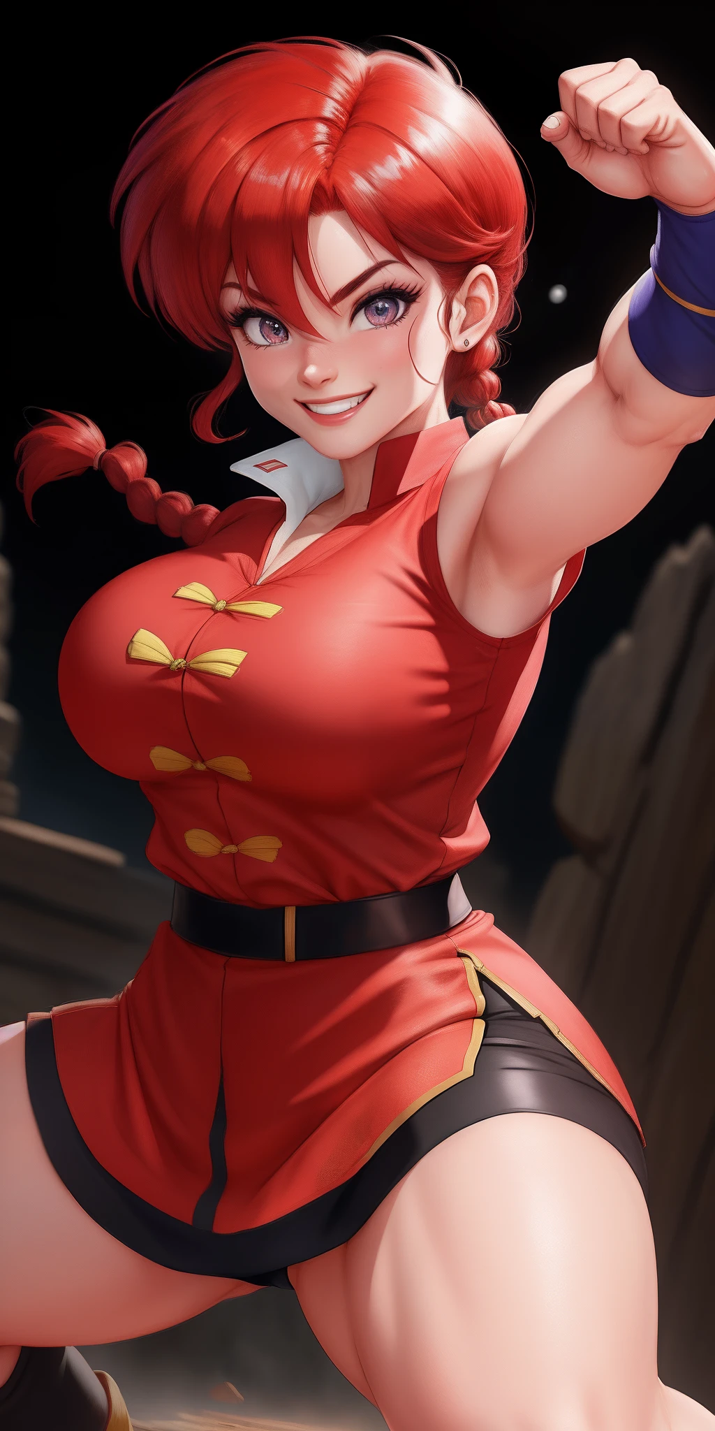 RanmaChan, de pie, solo, large_breasts, single_braid, RanmaRedShirt, obra maestra, mejor calidad, cara detallada, ojos detallados, highres,fighting pose, realistic eyes, happy smile