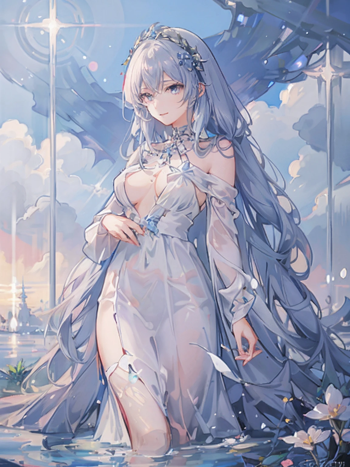 anime girl with long blue hair standing in water with flowers, anime goddess, white haired deity, trending on artstation pixiv, cute anime waifu in a nice dress, ((a beautiful fantasy empress)), beautiful anime artwork, ”beautiful anime woman, portrait knights of zodiac girl, masterpiece goddess of sorrow, beautiful anime art, beautiful anime woman, White silver long hair,lovely pink eye,anime goddess,White long dress with silk,happy smile face,elegant woman,clear blue sky background,middle of colourful flower fields,flower crown,colourful and shining , detailed digital anime art,white haired deity,8k high quality detailed art,fantasy art,beautiful fantasy anime artwork,beautiful fantasy illustrate,fantasy art style,beautiful and elegant goddess, 2.5 d cgi anime fantasy anime artwork,goddess of flower,beautiful flower field,white hair