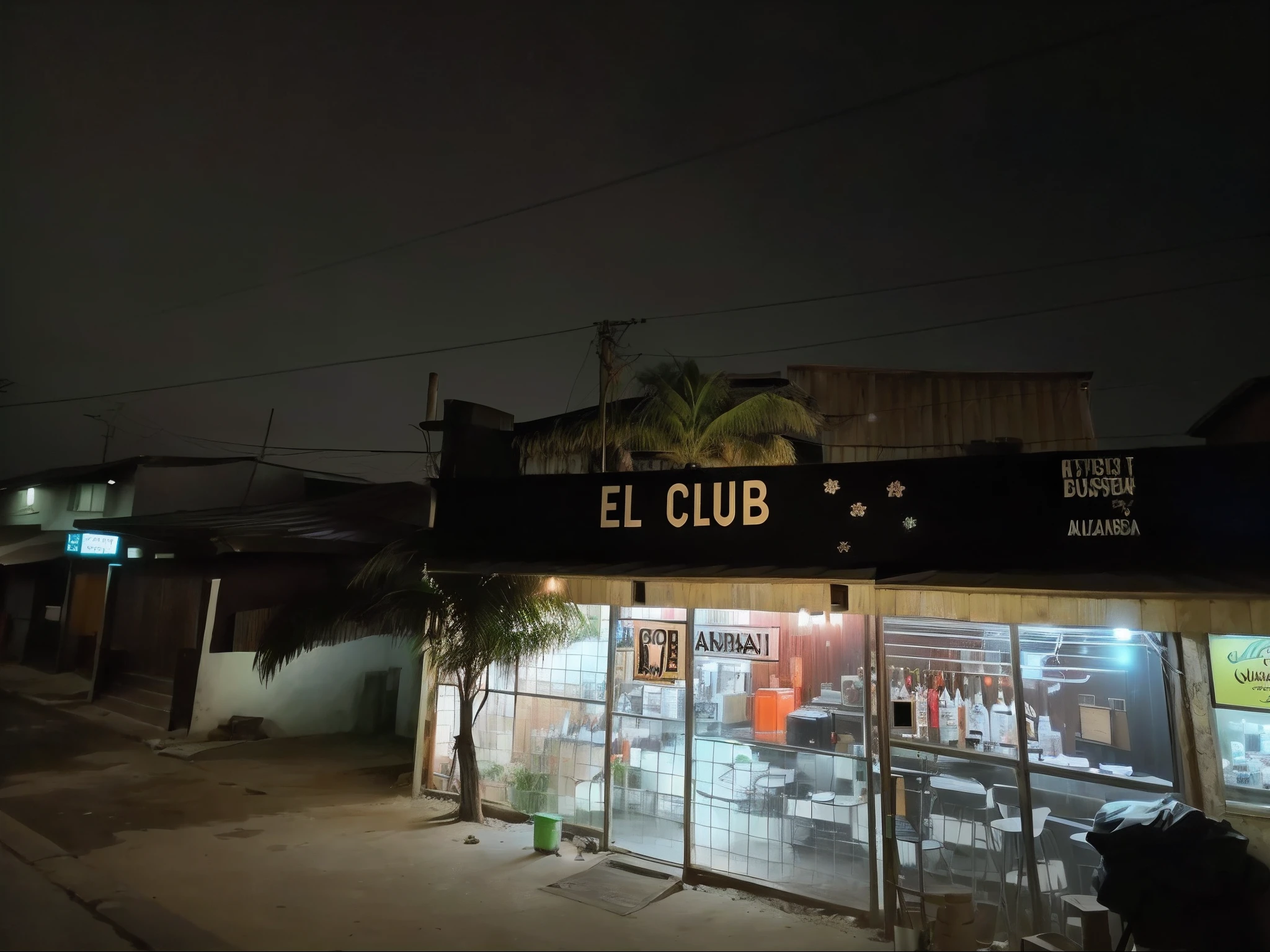 Night view of a small business with a sign in front, club, Bar local, Foto tomada por la noche, club nocturno, visto desde fuera, Gran club de madera, Clubes nocturnos y neones, Club lighting, Imagen explotable, nigth, barra de buceo con poca luz, hd, publicidad.