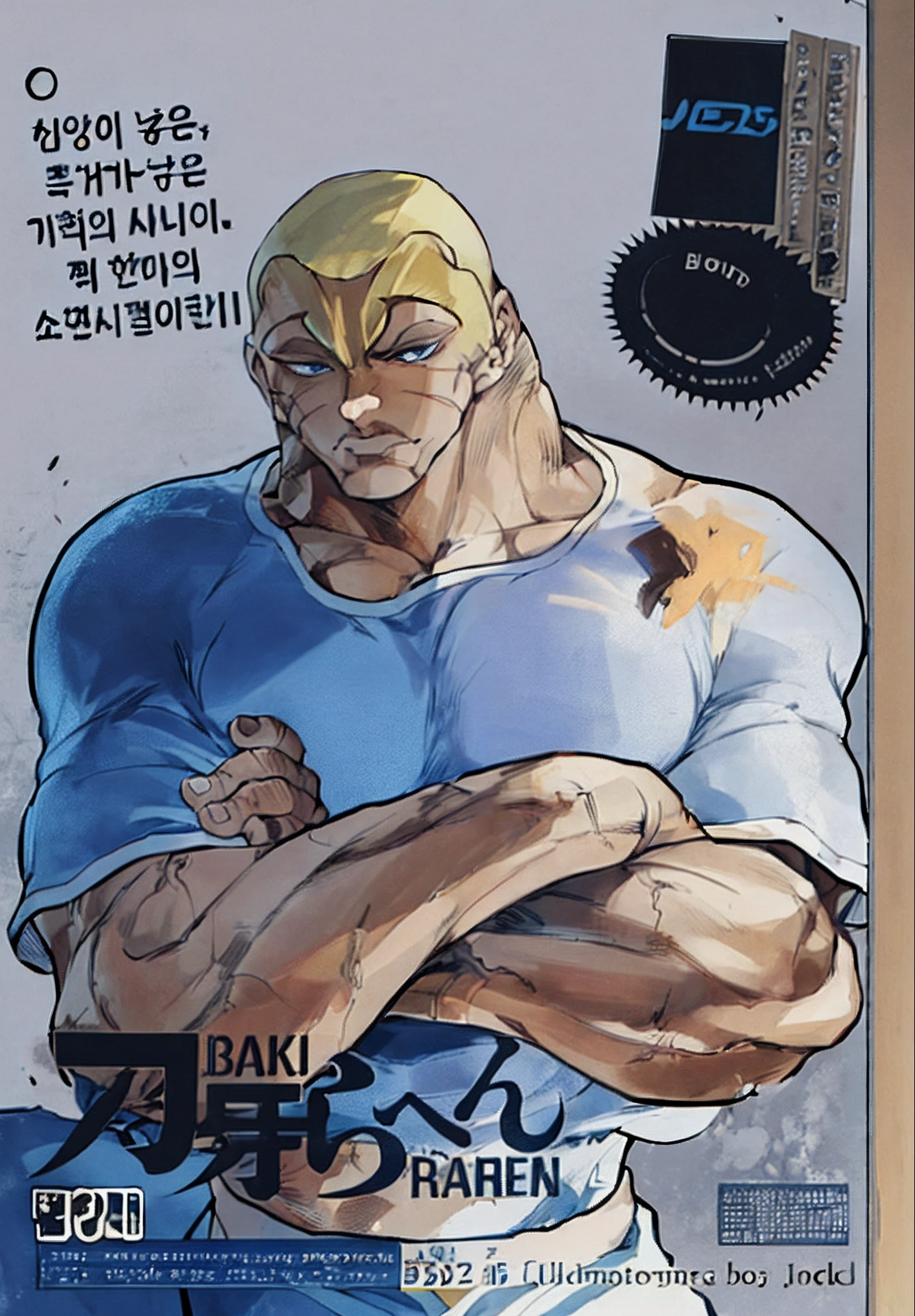 Muscular man posing for the camera in close up, short blonde hair, blue eyes, short t-shirt, scars