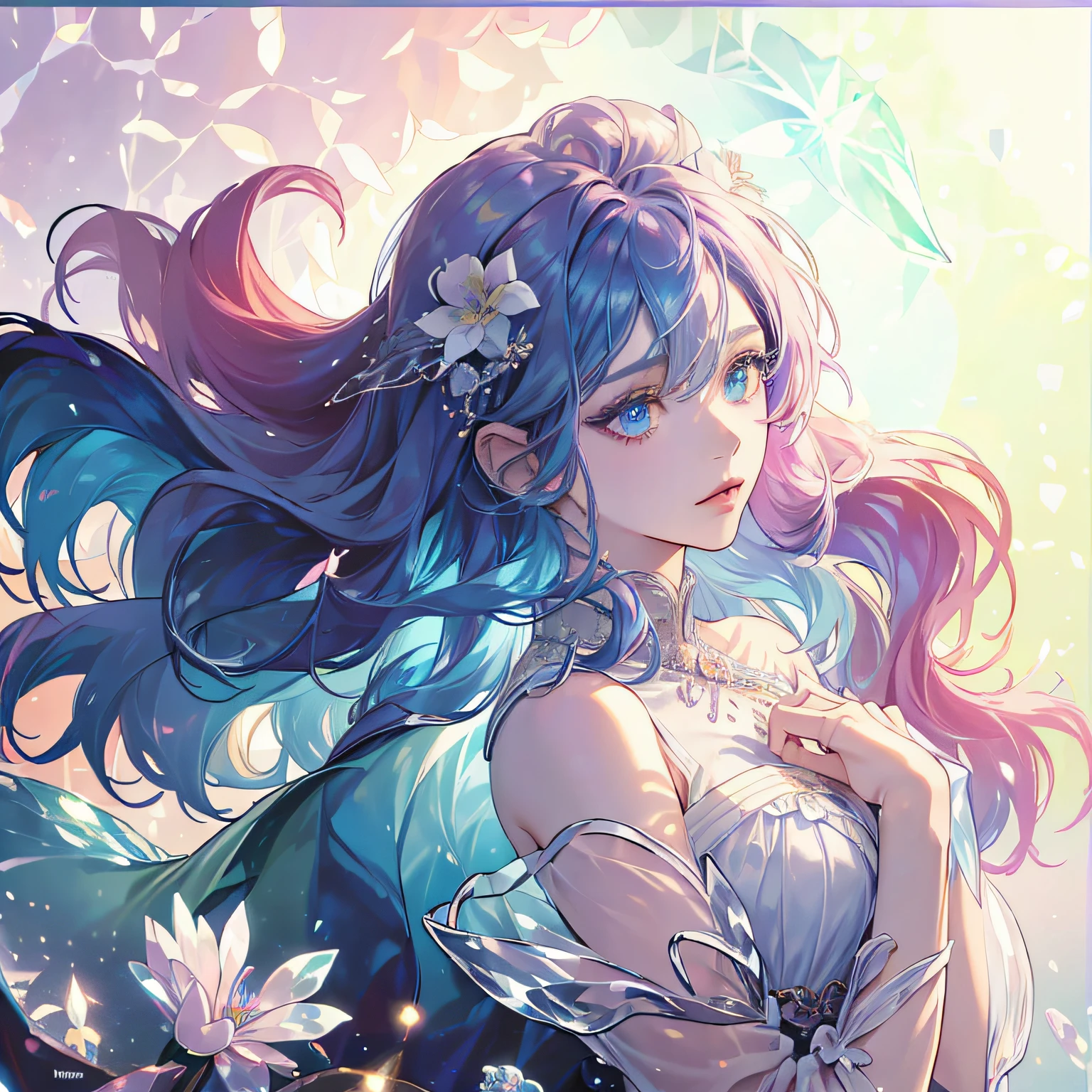 (Woman with iridescent hair),(rainbow hair), (Colorful hair),Medium chest,(colourful hair), Colorful, (krystal),shiny, Soft light, Radiant hair, Stunning iridescent hair and seductive eyes,A detailed face,A detailed eye,The style of watercolor painting is、Infuse your artwork with dreamy quality, Dancing with a mixture of colors, 
The girl's hair boasts a rainbow spectrum, Each hue seamlessly flows into the next,Detailed face, Detailed eyes, Simple white dress, crystal flower, Around the flower, Glass of flowers