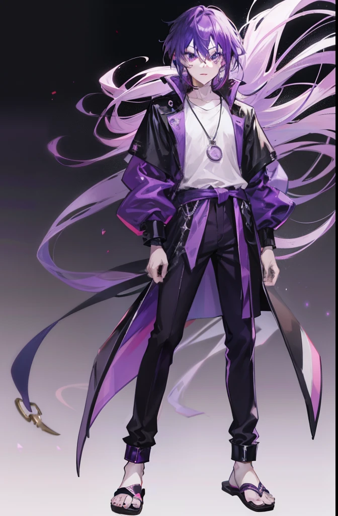 1boy, anime guy, long purple hair, purple eyes, wearing a short-sleeved violet shirt, black trousers, a short open purple jacket with black sleeves, brown sandal boots with white socks, a metal pendant around his neck, black fingerless gloves, red cloth tied around his waist,