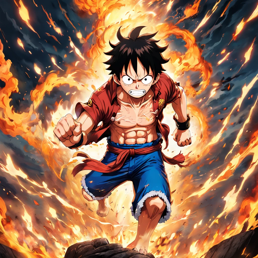 Design a gripping poster,Features Luffy as the protagonist "One Piece" Change five gears in a fit of anger. Capture the essence of his burning determination and indomitable spirit,For he unleashed his anger on his enemies. Keep it short, Bold, And strongly convey the raw power of Luffy's anger.