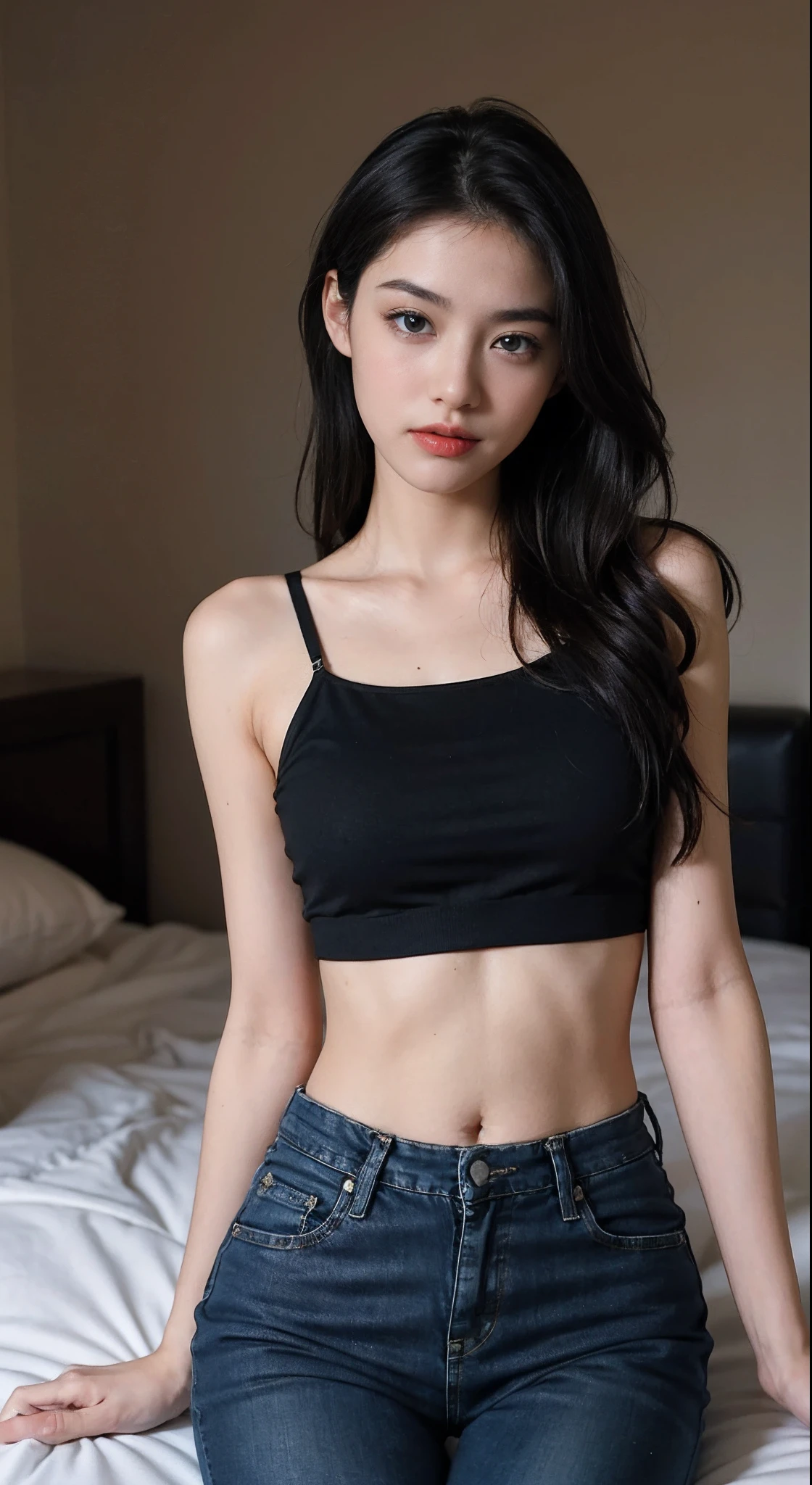 Girl in black bra and tight denim skirt posing for photo, full entire body, with cropped t-shirt, gut, panties, schlanke Karosserie, Kleinere, circular bust, slim girl model, Körperschwitzen, nass, 24 year old female model, lange Haare, einige Haare im Gesicht, Geschlossenes Auge, opened mouth, im Schmerz, schmerzend, unruhig, steht in New York