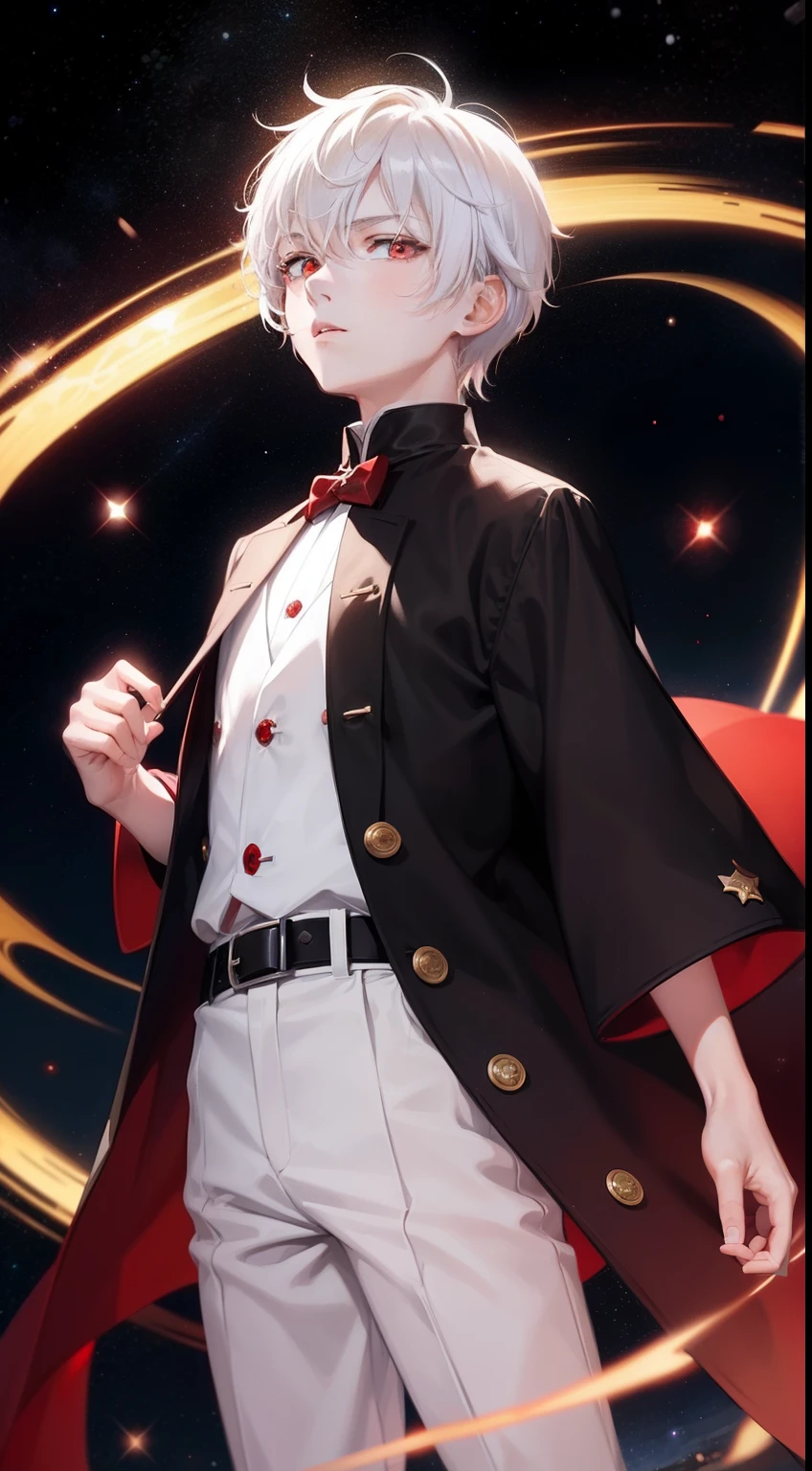 (1 boy),(White anime short hair,red color eyes),Exquisite black and white Western clothing,under the starry night sky,galactic,Floating red glowing stars,serious-expression,tmasterpiece,with light glowing,Many red and white arc effects
