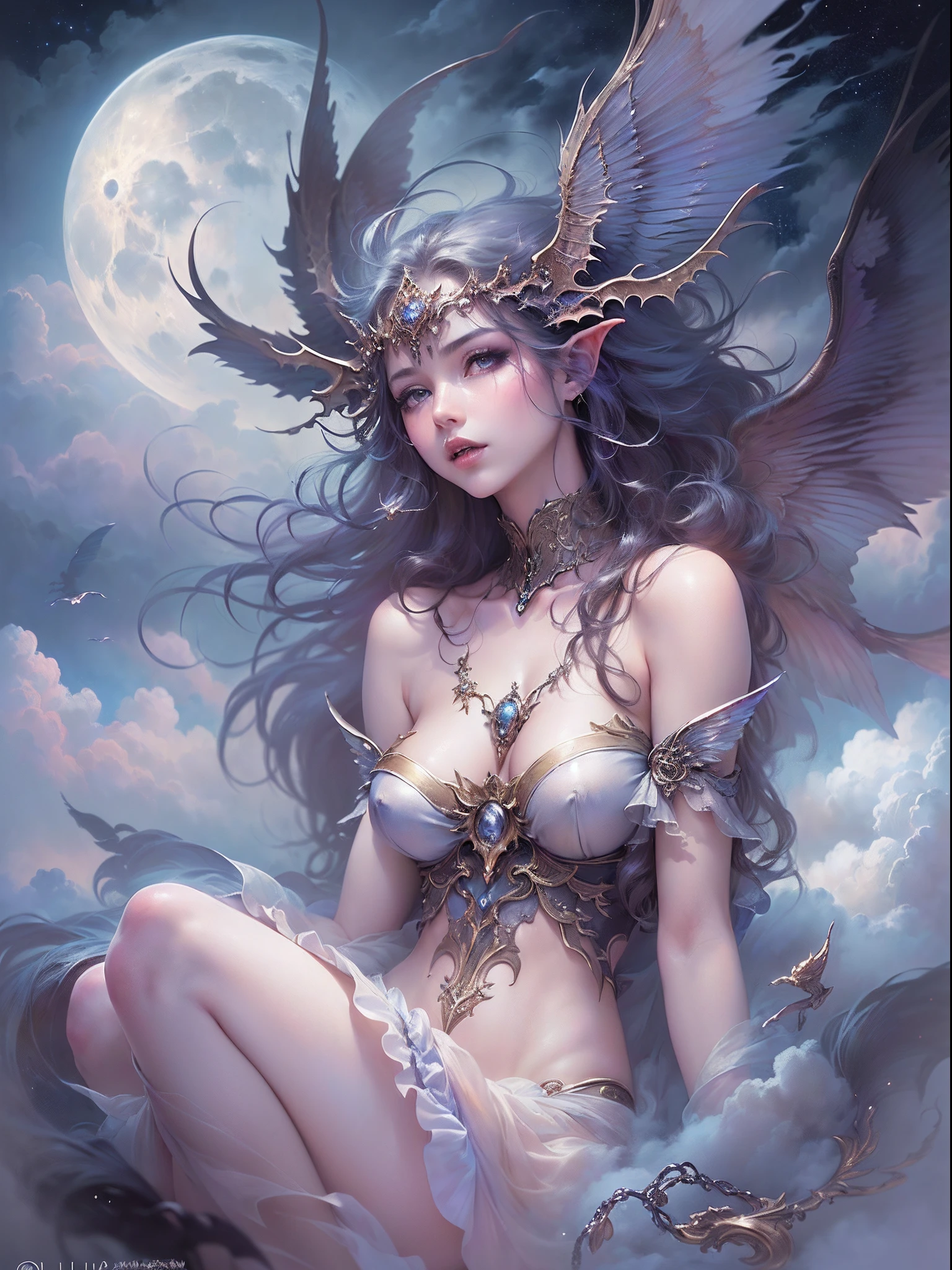SEX、A sexy、((top-quality))、((masterpiece))、detail portrayal、seductive succubus、Fantastic beauty、Float above the clouds、(fantasy illustrations:1.3)、a captivating gaze、Pose Seductive、Delicate wings、Otherworldly charm、mystical sky、(By Luis Royo:1.2)、(Yoshitaka Amano:1.1)、Moon Night、Soft colors、(detailed cloudscape:1.3)、(hight resolution:1.2)
