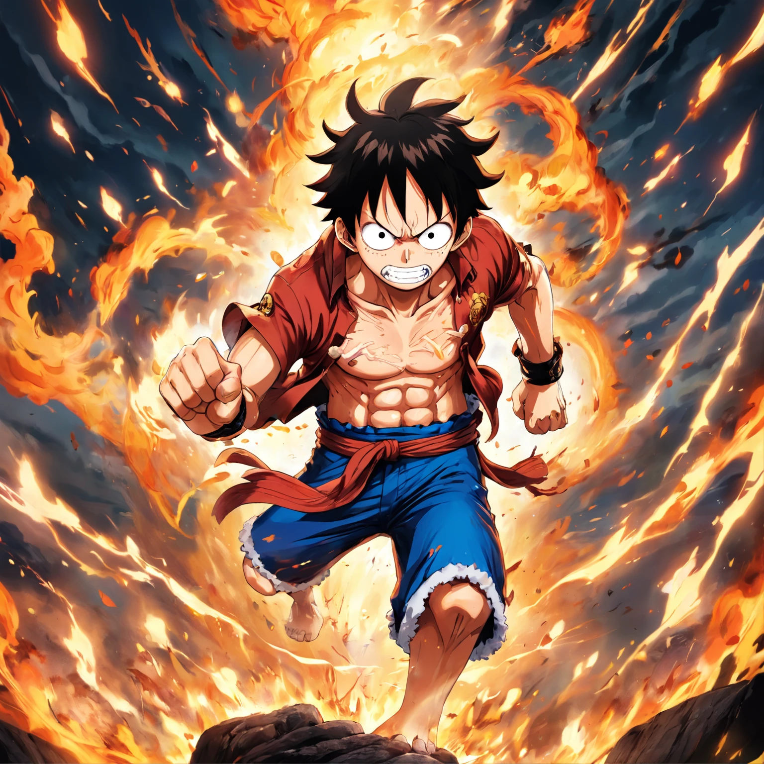 Design a gripping poster,Features Luffy as the protagonist "One Piece" Change five gears in a fit of anger. Capture the essence of his burning determination and indomitable spirit,For he unleashed his anger on his enemies. Keep it short, Bold, And strongly convey the raw power of Luffy's anger.