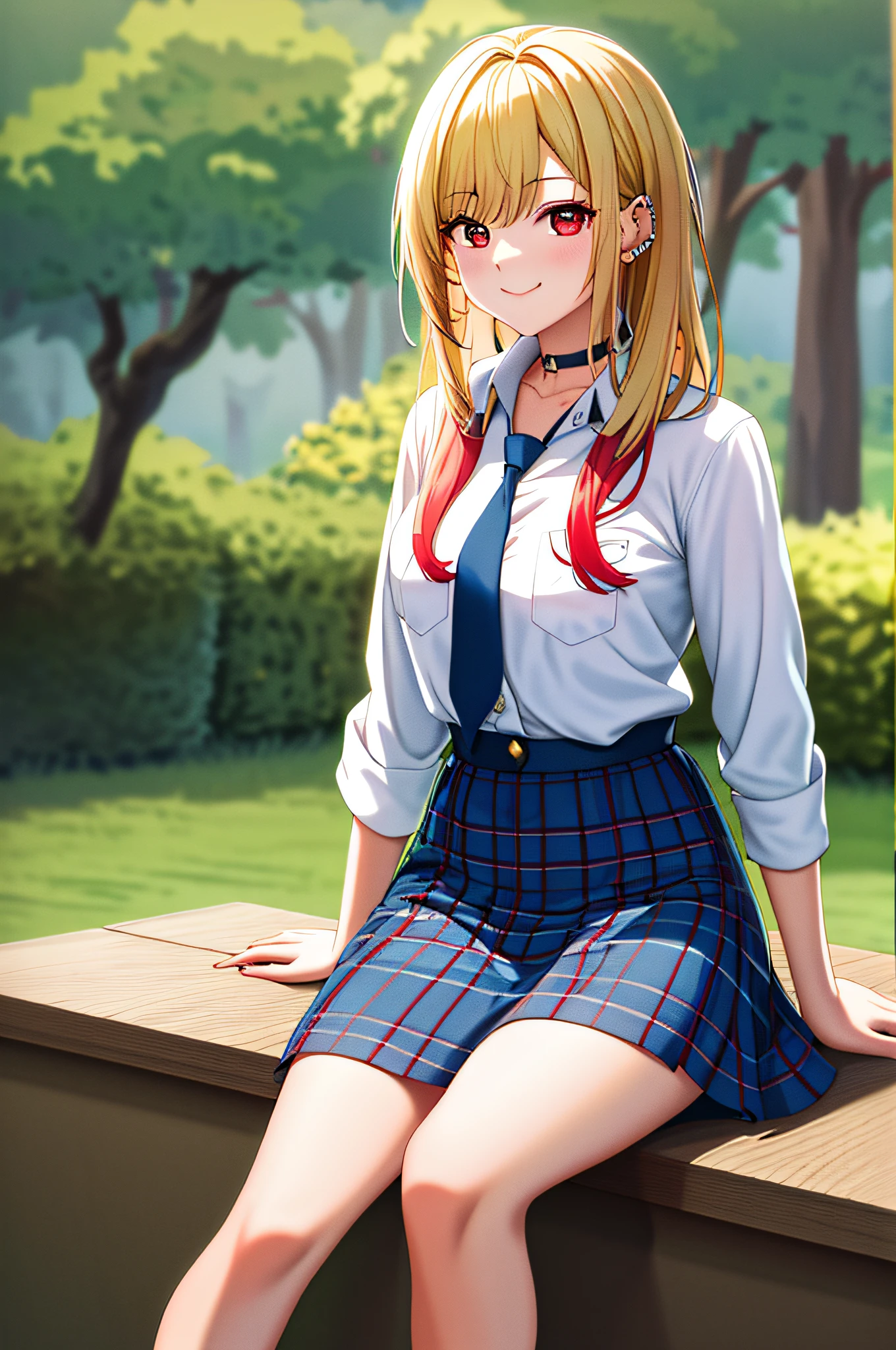 masterpiece, top-quality, hight resolution, kitagawa marin, 1girl in, blonde hair, length hair, O cabelo multicolorido, red eyes, jewely, 耳Nipple Ring, piercings, 校服, white shirt, Tied shirt, a black choker, blue tie, Plaid skirt, show the grinps, a smile, is standing, cowboy shot, plein air,The button is unbuttoned and cleavage is visible、Ear-piercing、foco nítido:1.2、(1 AESPA Girl:1.2)、(realisitic、Photorealsitic:1.37)、(Face Focus:1.1)、cute face、Kindness、tiny chest、sitting on、legs spread out、She's rolling up her skirt