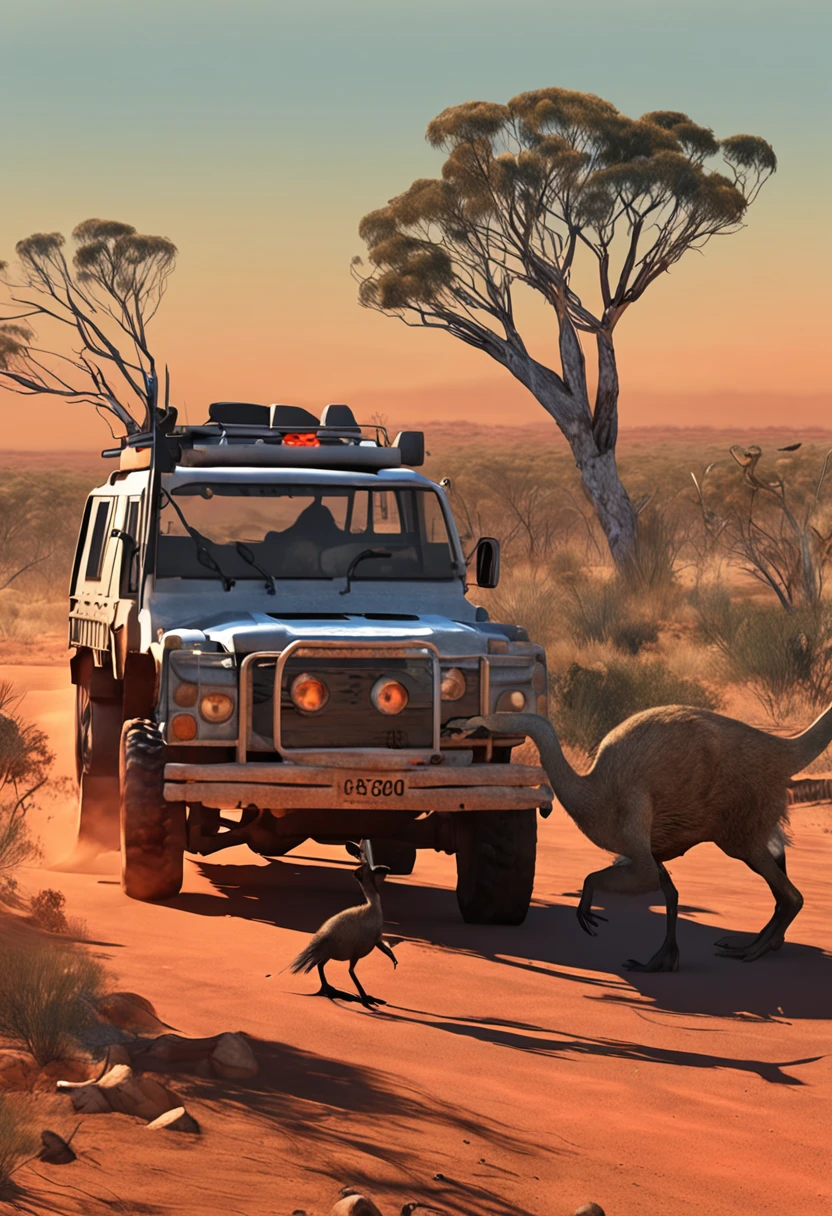 Design an image capturing the Australian outback with emus in the foreground and soldiers in the background.