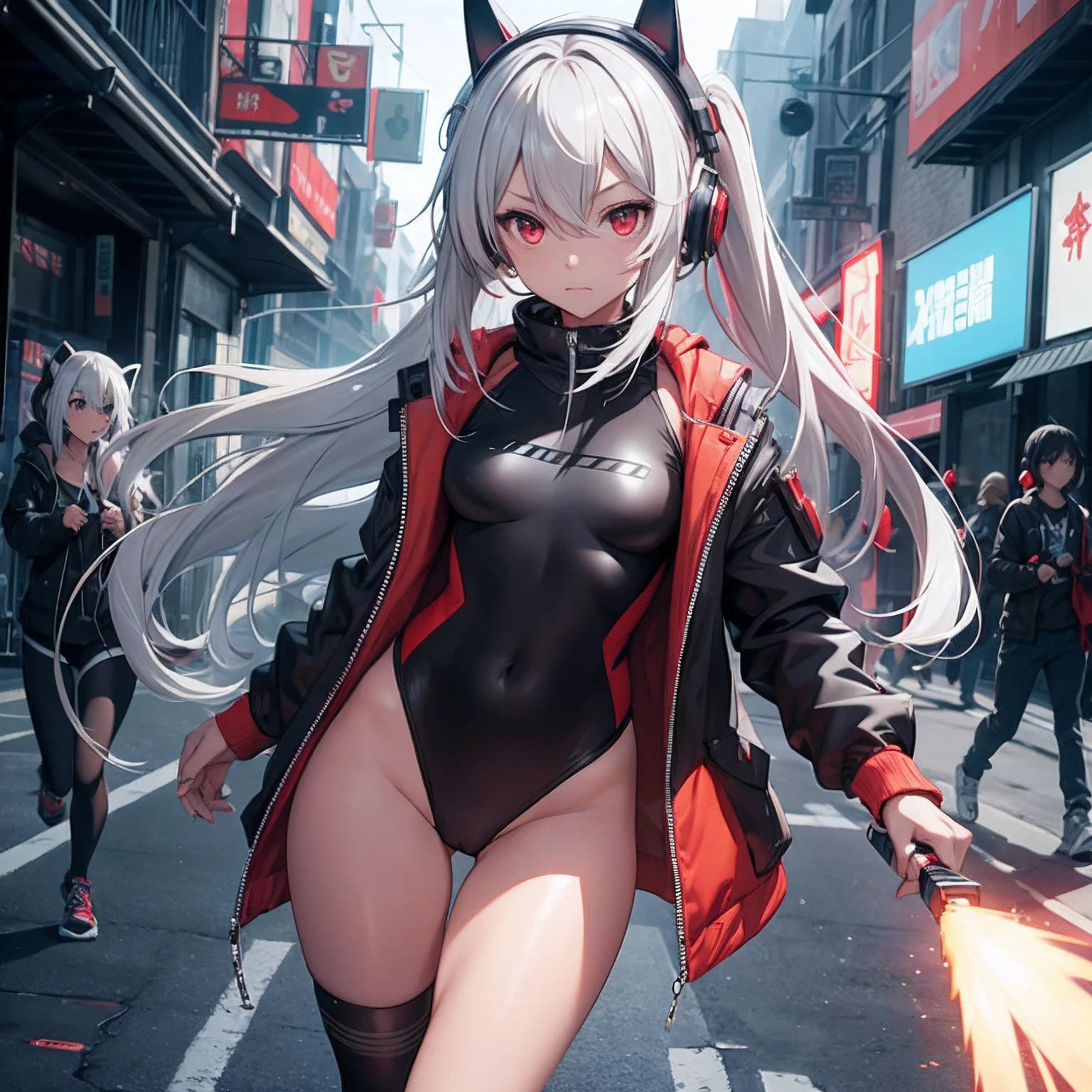 hiquality、Girl in skimpy swimsuit runs、explosions、loimu、story、big explosion、Cyber Headphones、Silvery hair、poneyTail、Red Eyes、Super explosion、Holding a knife、Wear a mask around your mouth、street