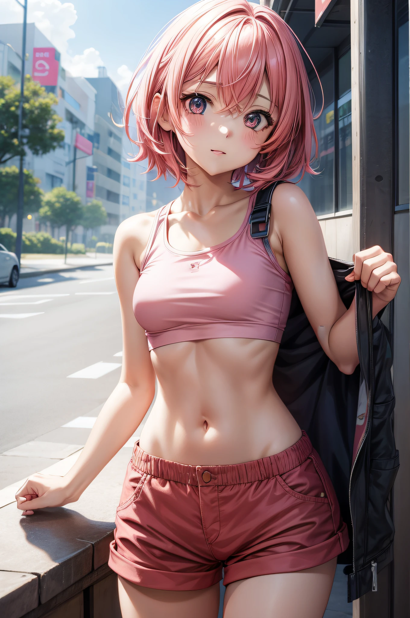 Rainy Town、Athlete girl、Pink Hair、short hair、Black choker、シースルー T-shirt、Wet Hair、Trained abdominal muscles