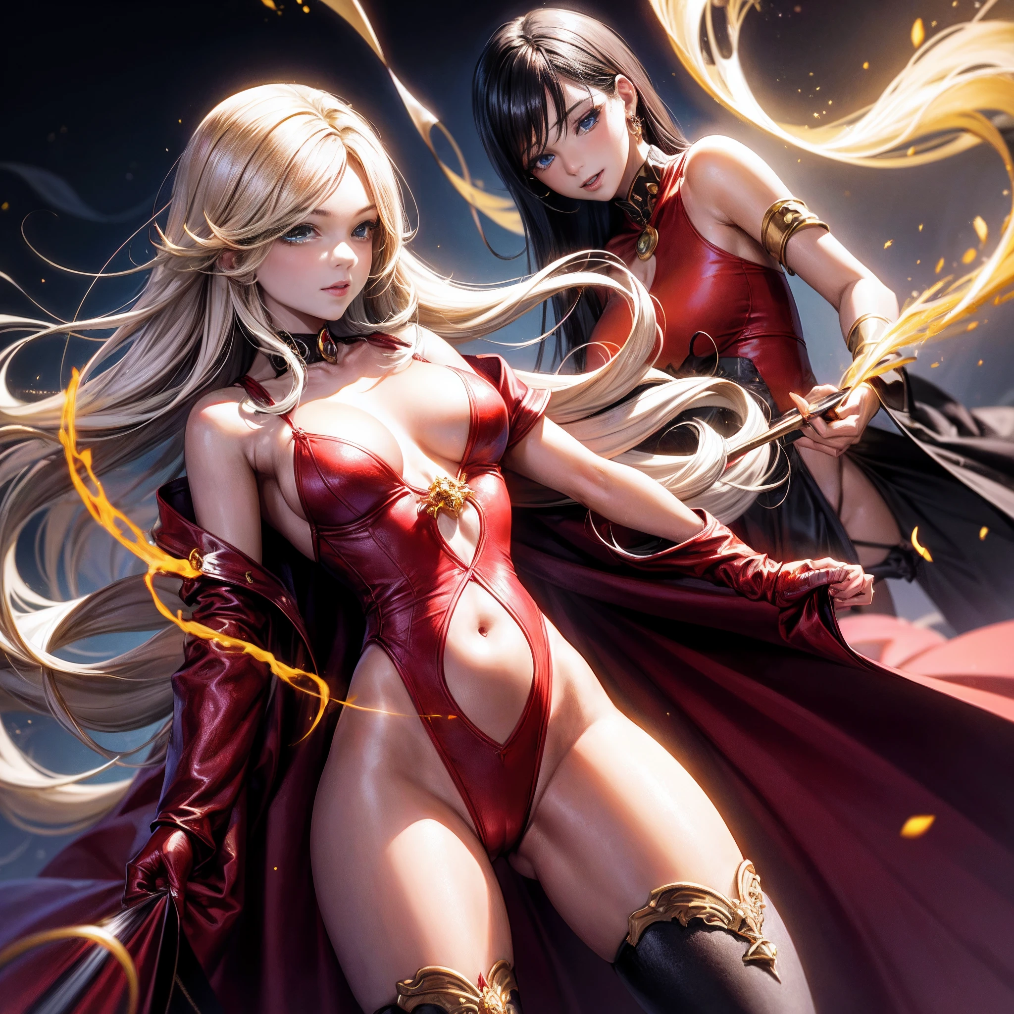 (obra maestra) (La mejor calidad) In a dark room of a strange reddish mist and golden sparks emerges a beautiful and beautiful witch of demonic appearance and great magical powers......... Your hair is being lifted upwards by a mysterious wind.