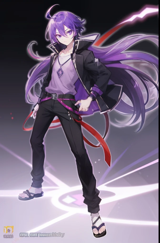 1boy, anime guy, long purple hair, purple eyes, wearing a short-sleeved violet shirt, black trousers, a short open purple jacket with black sleeves, brown sandal boots with white socks, a metal pendant around his neck, black fingerless gloves, red cloth tied around his waist, easy negative, extra fingers, fewer fingers, (low quality, worst quality:1.4), (bad anatomy), (inaccurate limb:1.2), bad composition, inaccurate eyes, extra digit, fewer digits, (extra arms:1.2), watermark, copyright, signature, logo, nsfw, chromic aberration
