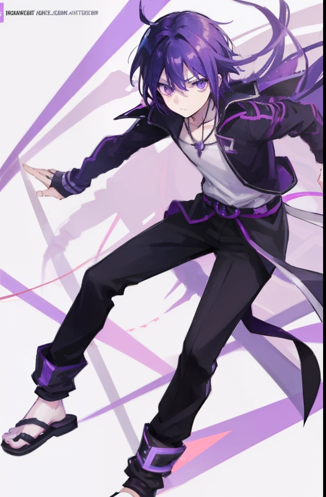 1boy, anime guy, long purple hair, purple eyes, wearing a short-sleeved violet shirt, black trousers, a short open purple jacket with black sleeves, brown sandal boots with white socks, a metal pendant around his neck, black fingerless gloves, red cloth tied around his waist, easy negative, extra fingers, fewer fingers, (low quality, worst quality:1.4), (bad anatomy), (inaccurate limb:1.2), bad composition, inaccurate eyes, extra digit, fewer digits, (extra arms:1.2), watermark, copyright, signature, logo, nsfw, chromic aberration