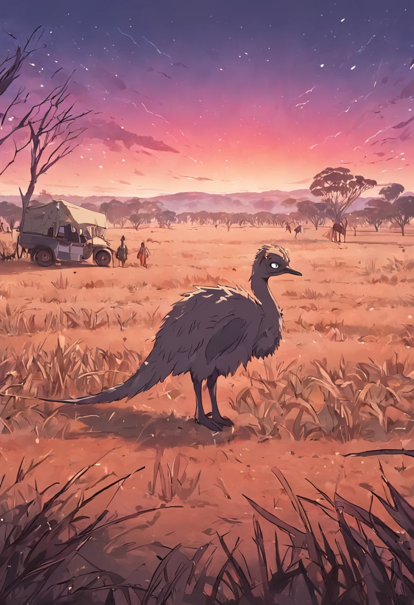 Design an image capturing the Australian outback with emus in the foreground and soldiers in the background.