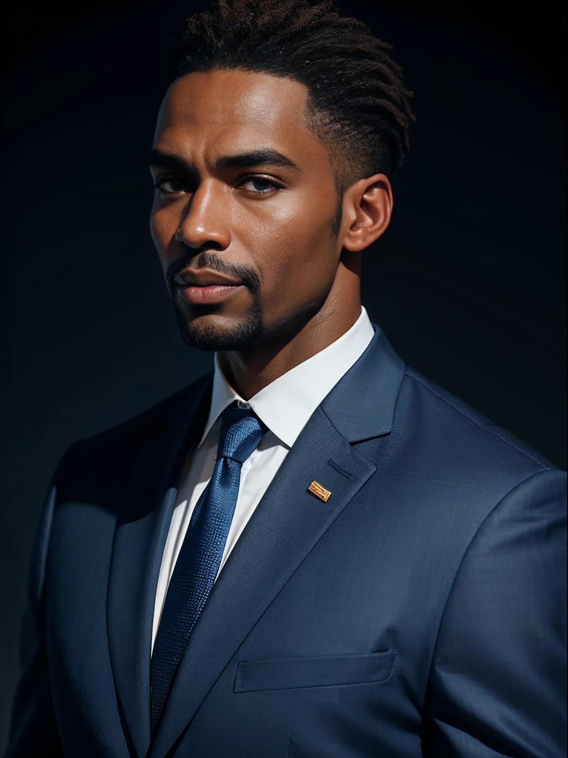 Man with brown looking skin of 35 years well dressed with navy blue suit black photo background