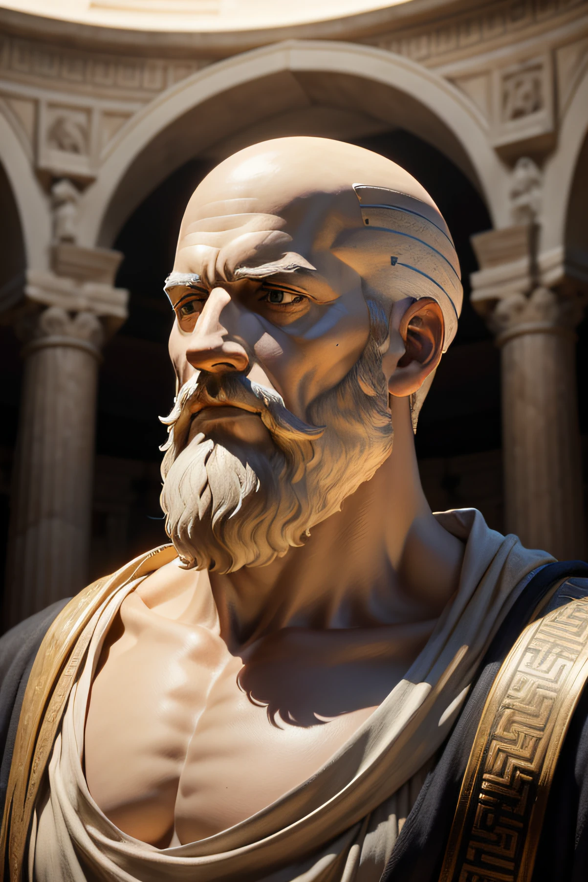 /imagine prompt: An exquisite portrayal of the ancient Greek playwright Aeschylus, capturing his distinct bald appearance with historical precision. Crafted with meticulous attention to detail, the image pays tribute to his enduring legacy.

Shot in RAW format using an analogue Nikon Z 14mm ultra-wide angle lens, the photograph transports viewers to the ancient world in which Aeschylus lived. The lighting is carefully chosen to accentuate his bald head, casting soft shadows that highlight the contours of his face.

Aeschylus is depicted in attire befitting his era, emphasizing his status as a revered playwright. His bald head is rendered with striking realism, showcasing the smoothness of his skin and the unique details of his features. Every nuance, from the texture of his scalp to the expression in his eyes, is captured with precision.

The color palette echoes the earthy tones prevalent in ancient Greek art, with warm hues of terracotta and sepia. The background might offer a glimpse into the world of ancient Athens, featuring elements like architectural details or fragments of theatrical props.

This image celebrates Aeschylus' individuality and his contributions to literature and theatre. It stands as a timeless representation of the playwright's distinct appearance, inviting viewers to connect with the historical figure who shaped the dramatic traditions of ancient Greece.