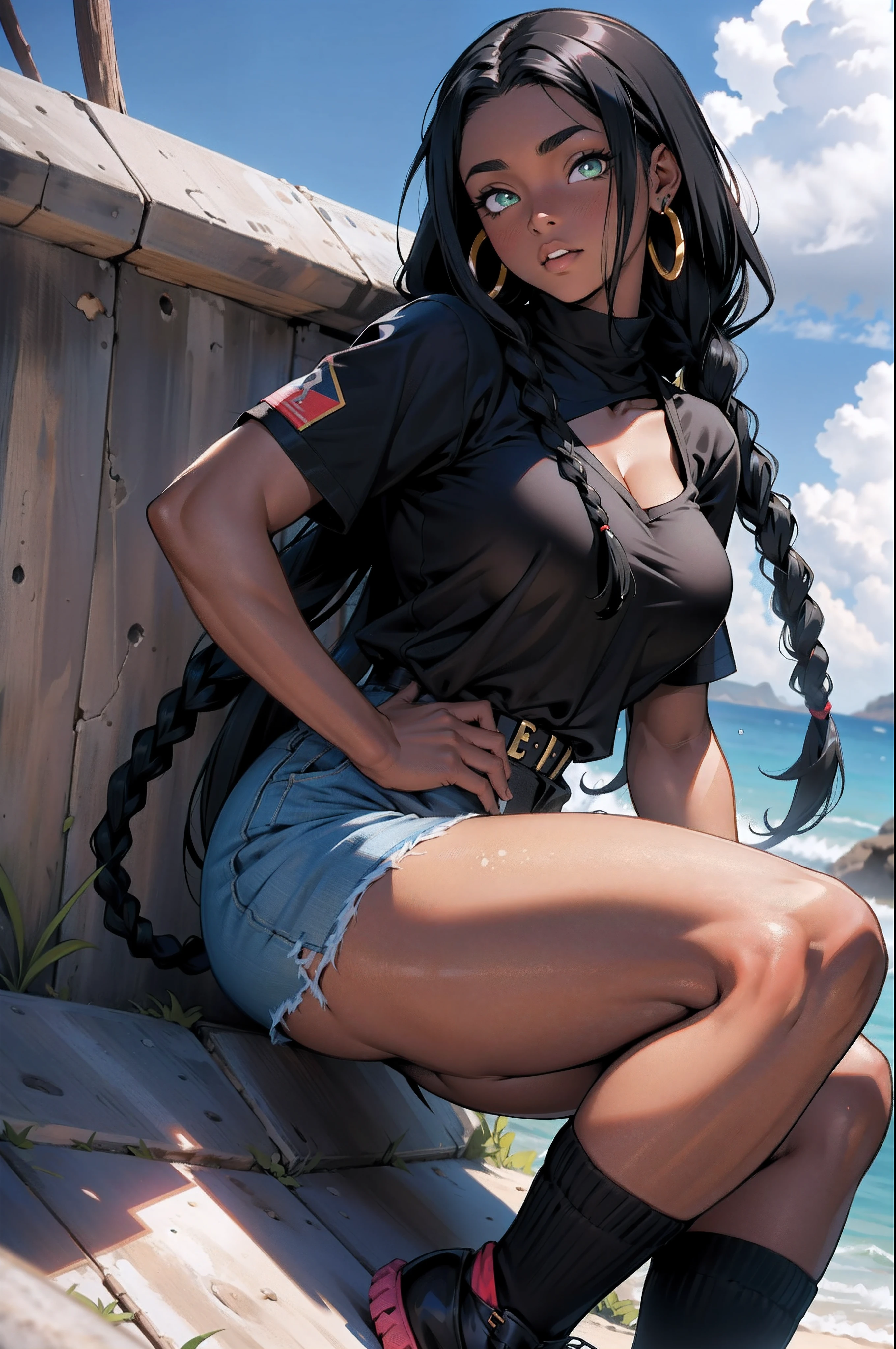 Olhos grandes de anime, pele negra, pele negra, pele negra, uma mulher negra, pele negra, cabelo crespo, linda, cabelo branco, fine African braids, olhos grandes, olhos de anime, olhos verdes, pele negra, Landing for a camera, pose meiga, pose fofa, roupas de inverno totalmente brancas peludas e peludas, {botas peludas}, {camisola peluda}, {toca peluda branca}, a musa de pele negra.