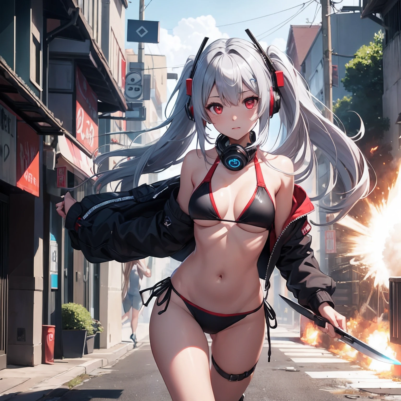 hiquality、Girl in bikini swimsuit runs、explosions、loimu、story、big explosion、Cyber Headphones、Silvery hair、poneyTail、Red Eyes、Super explosion、Holding a knife、Street