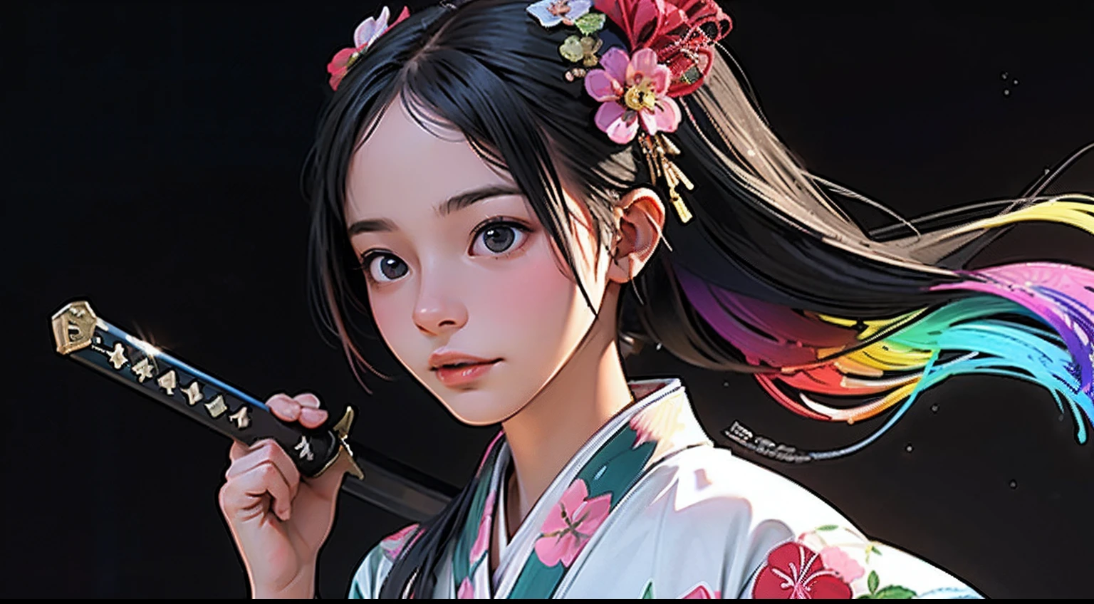 teens girl、Practice dancing with a sword、Fine pattern Japan sword、ultradetailed eyes、Rainbow painting drops、Full Paint、Splash、Long color hair、Paint Kimono、Super luxury kimono、Rainbow Paint Kimono、(hair adornments、耳Nipple Ring、Floral hair ornament、butterfly hair ornament)、Sword Practice