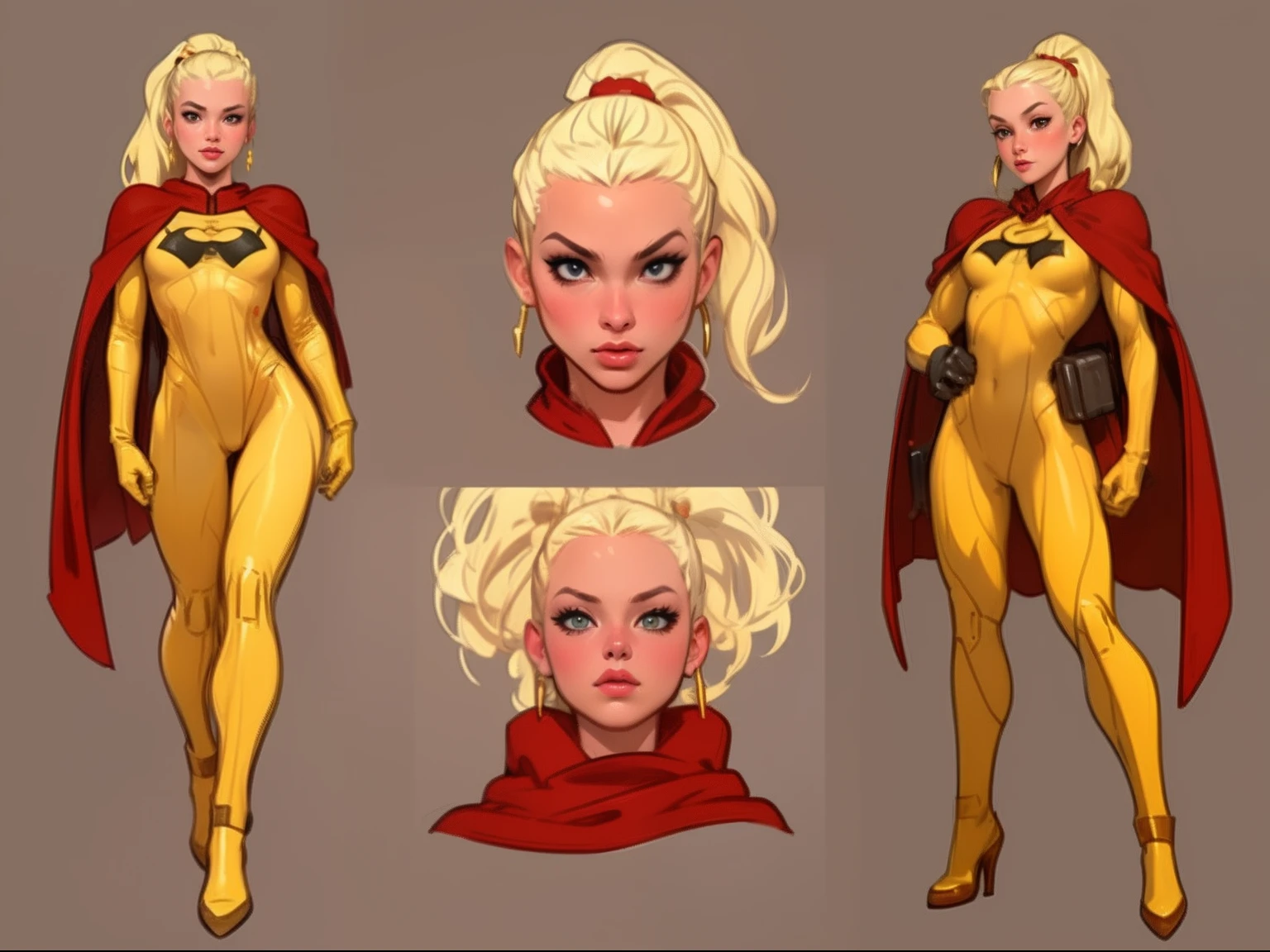 ((masterpiece)),(((best quality))),((character design sheet)), ((full body view)) illustration,1girl, muscular, ((yellow bodysuit:1.5)), superhero, (blonde ponytail:1.4), (red cape:1.3) ((detailed face:1.4)) beautiful woman, (red boots:1.1)shiny skin, (gold emblem on chest:1.2),scribbles and marks, (puffy lips:1.3), rough sketches, pose, 8k,16k, (simple background, white background: 1.3)