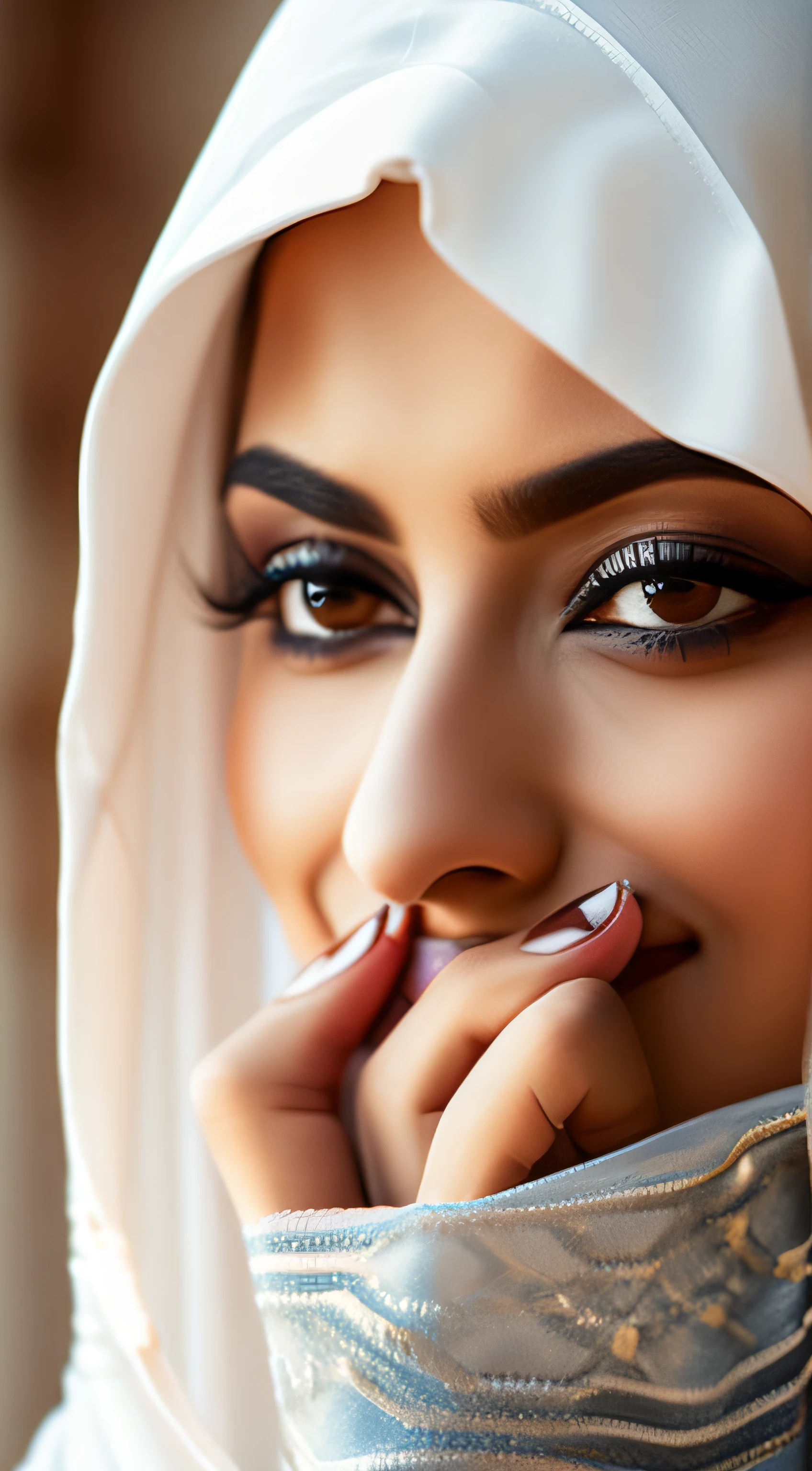 Portrait of an elegant Arabic woman with a scarf gracefully covering her mouth and nose fully , VISIBLE ONLY HER captivating eyes + blurry mosque behind
