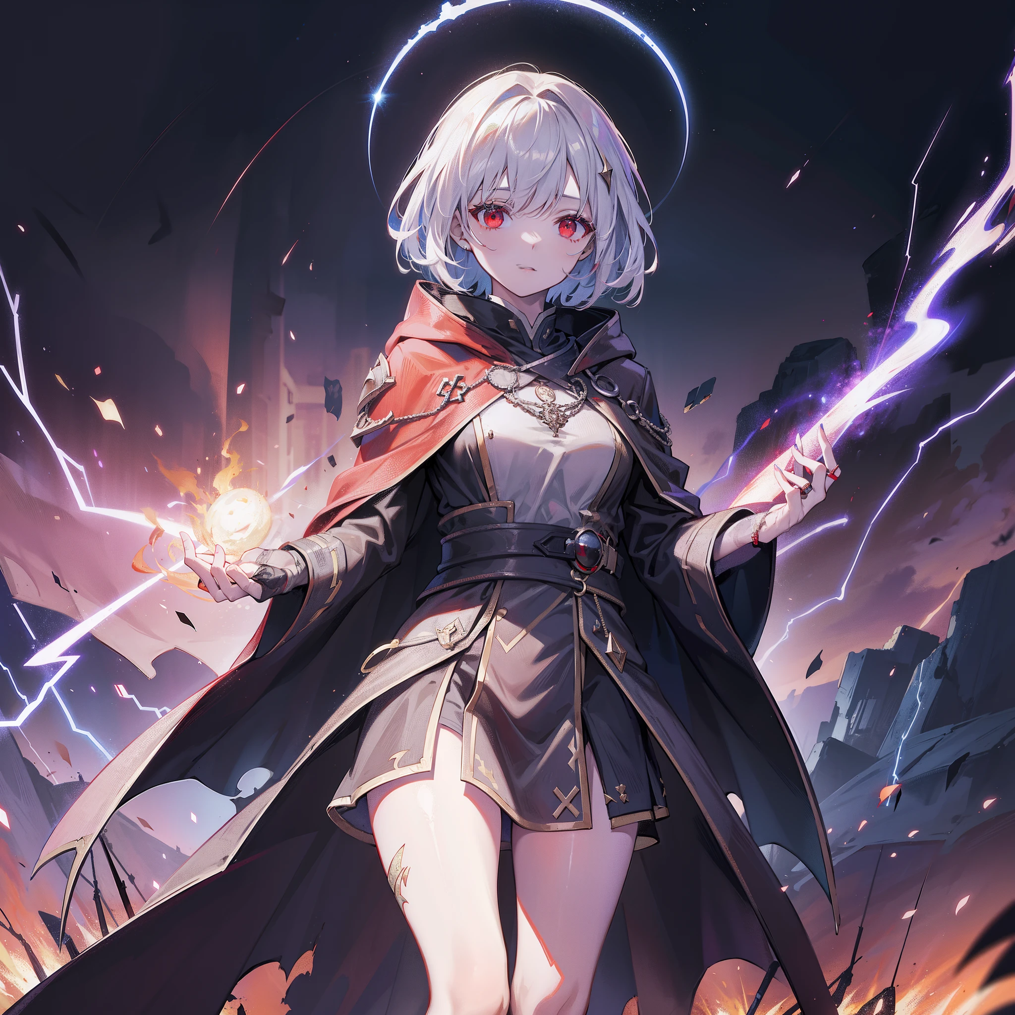 (masterpiece, best quality, photorealistic, cinematic), wide shot, anime girl, short silver spiky hair, ((anime girl is crouching on a roof top with a glowing white ball in her hands)), ((floating glowing white particles in the air)), perfect hands, nice hands, seaside, sunset, artgerm and atey ghailan, electricity surround her, 2. 5 d cgi anime fantasy artwork, in the art style of mohrbacher, ((the thunder sorceress casting a thunderball)), artgerm and rossdraws, wreathed in electricity, rossdraws global illumination, thunder spell, clad in a regal, flowing robe woven with patterns resembling lightning bolts in shades of silver and gold, a billowing, asymmetrical cape of stormy gray complements her ensemble, adorned in a short-cut black outfit with accents of silver and red, woven into patterns resembling lightning bolts, accompanied by a billowing, asymmetrical stormy gray cloak