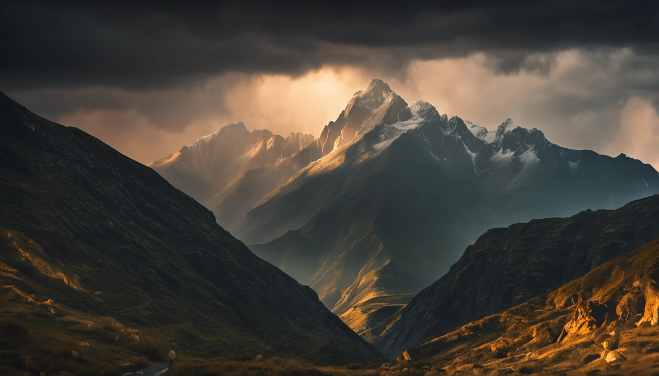 Golden Holy Light Shines, Lightning Illuminates the Whole Sky, Bright Image, Protruding Mountains, Realistic, Ultra-Realistic, 8K, Heavy Rain, 5 Rays, Shot by Canon 5D by MARK IV, 25-105mm