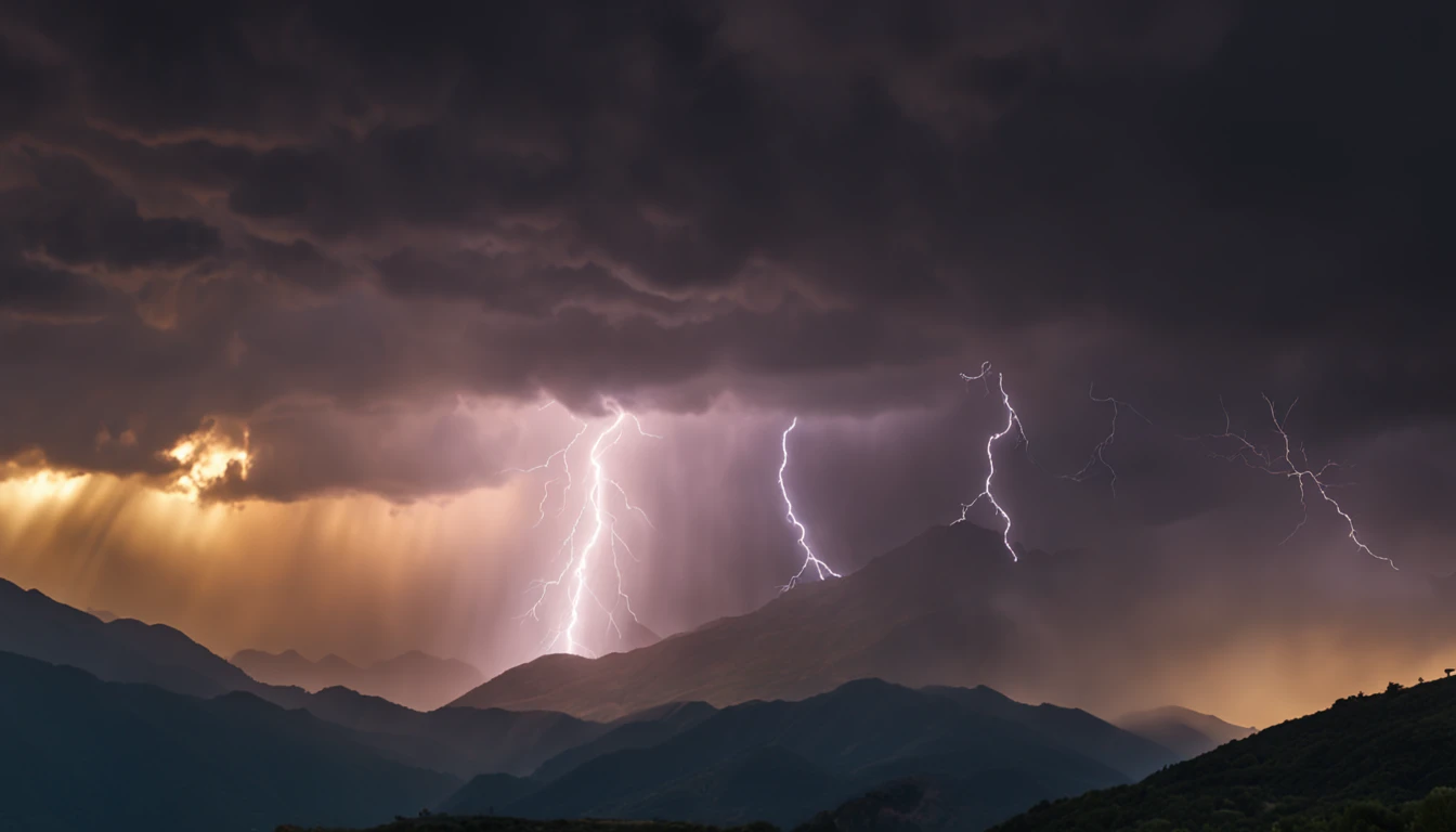 A close up of a lightning bolt hitting a mountain with a cloudy sky ...