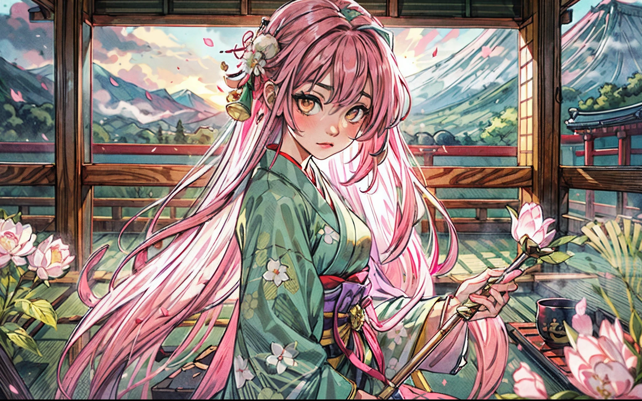 (A stunning masterpiece with impeccable quality:1.5), shot from front, It features vivid and saturated colors, Detailed background、Professional Lighting, ((Bright pink straight hair:1.3)、Woman with straight hair with pale purple mesh:1.2), wearing a cowboy hat, And a breathtakingly beautiful girl with an elaborate face、18 year old super detailed anime girl with bright pink straight long hair, Brown glowing eyes、With Mt. Fuji in the background(sunrises)、(New Year's scenery of Japan:1.2)、Slender figure、Wearing a light green cheongsam with a black border without sleeves、Sleeveless、Transparency of the skin of the shoulders and thighs、Illustration of peonies in cheongsam、Dark brown ten-gallon hat、Pink clouds float、Floating green clouds background、Background of the family crest of the Japan、In the style of portrait, shiny/Shiny young woman,Beautiful, Hot, Green cheongsam, Shy, Brown eyes, Seductive look,Twist your hips and turn around、The skin of the thighs is exposed、Looking down at the camera、)、Japan of the Warring States Period、Irridescent color、cleanness、semi transparent、(Reflectors:0.5)、(refraction) :0.5)、(diffractive:0.6)、(Caustics:0.6)、Volume Light、Volume Shadow、(Subsurface scattering:0.7)、Physically Based Rendering、(ighly detailed:1.2)、(Very fine and beautiful:1.2), Bottom-up perspective, Set in the scenic landscape of Japan, Surrounded by the authentic atmosphere of tatami mats, With an open window surrounding the scene."