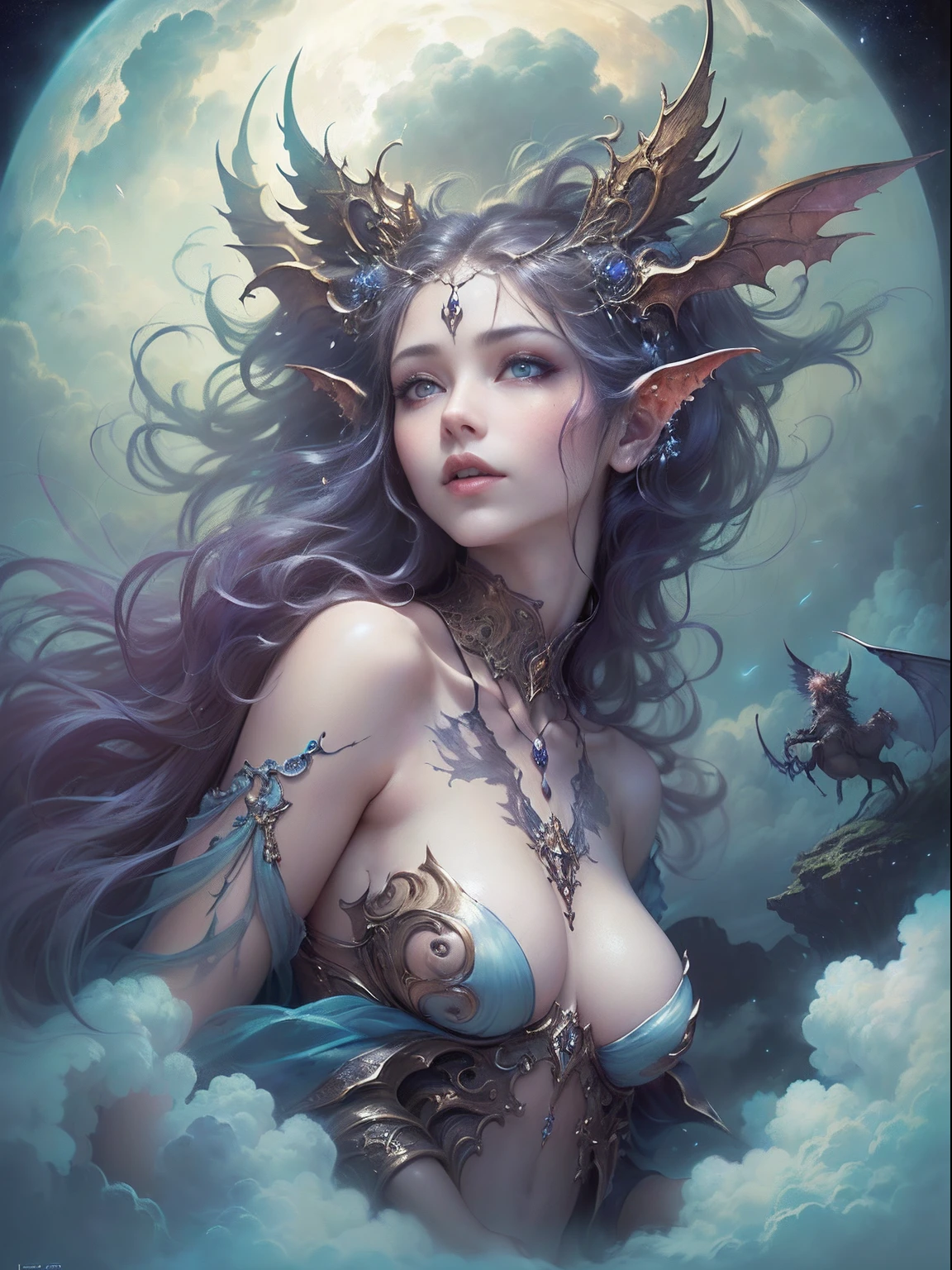 SEX、A sexy、teats、((top-quality))、((​masterpiece))、detail portrayal、seductive succubus、Fantastic beauty、Float above the clouds、(fantasy illustrations:1.3)、a captivating gaze、Pose Seductive、Delicate wings、Otherworldly charm、mystical sky、(By Luis Royo:1.2)、(Yoshitaka Amano:1.1)、Moon Night、Soft colors、(detailed cloudscape:1.3)、(hight resolution:1.2)