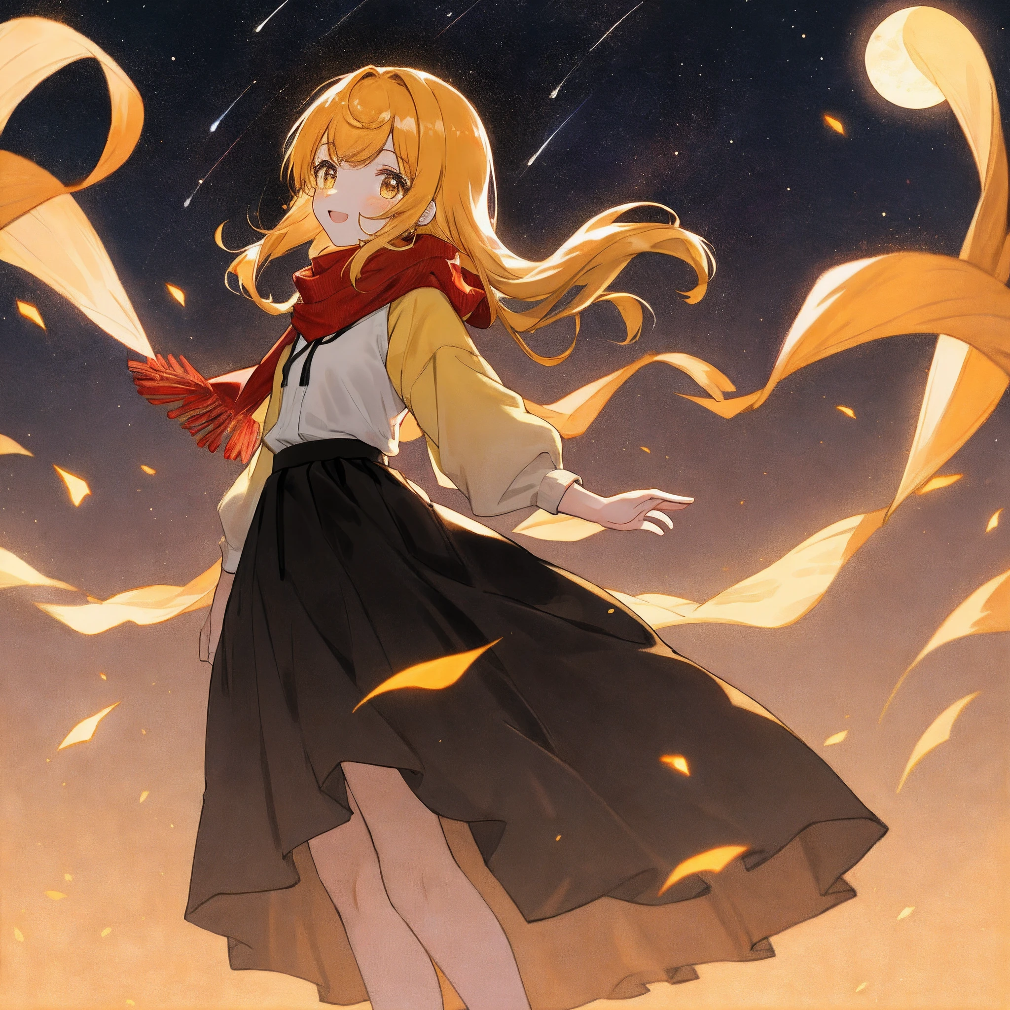 Orange-yellow gradient hair,With bangs,Hair on both sides,Cheerful and lively little girl,With a red scarf,The dress is a black skirt,it's lovely,There is light in the eyes,Slightly long hair,The background is night,There are stars around,The girl hangs in the air,And this girl seems to bring light,Its surroundings are bright,It's like a warm sunset,The light emitted is small and warm