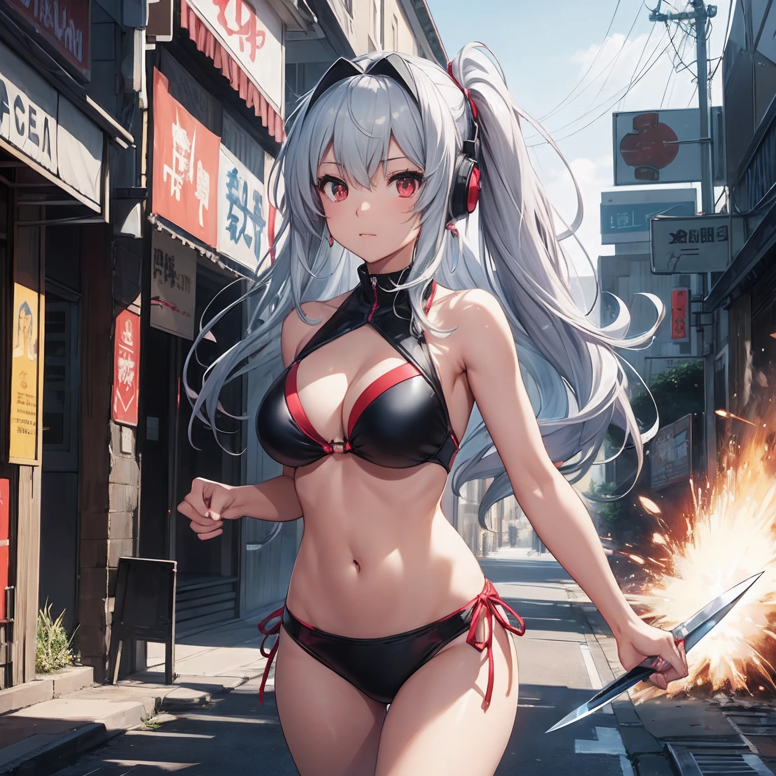 hiquality、Girl in magical bikini swimsuit runs、explosions、loimu、story、big explosion、Cyber Headphones、Silvery hair、poneyTail、Red Eyes、Super explosion、Holding a knife、Street