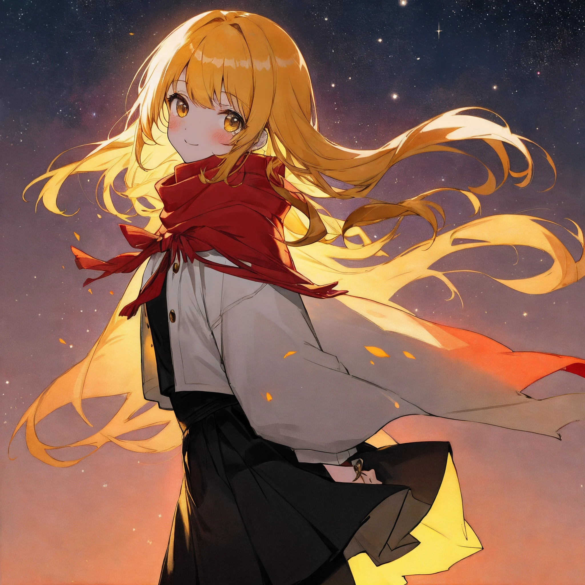 Orange-yellow gradient hair，With bangs，Hair on both sides，Cheerful and lively little girl，With a red scarf，The dress is a black skirt，it's lovely，There is light in the eyes，Slightly long hair，The background is night，There are stars around，The girl hangs in the air，And this girl seems to bring light，Its surroundings are bright，It's like a warm sunset，The light emitted is small and warm
