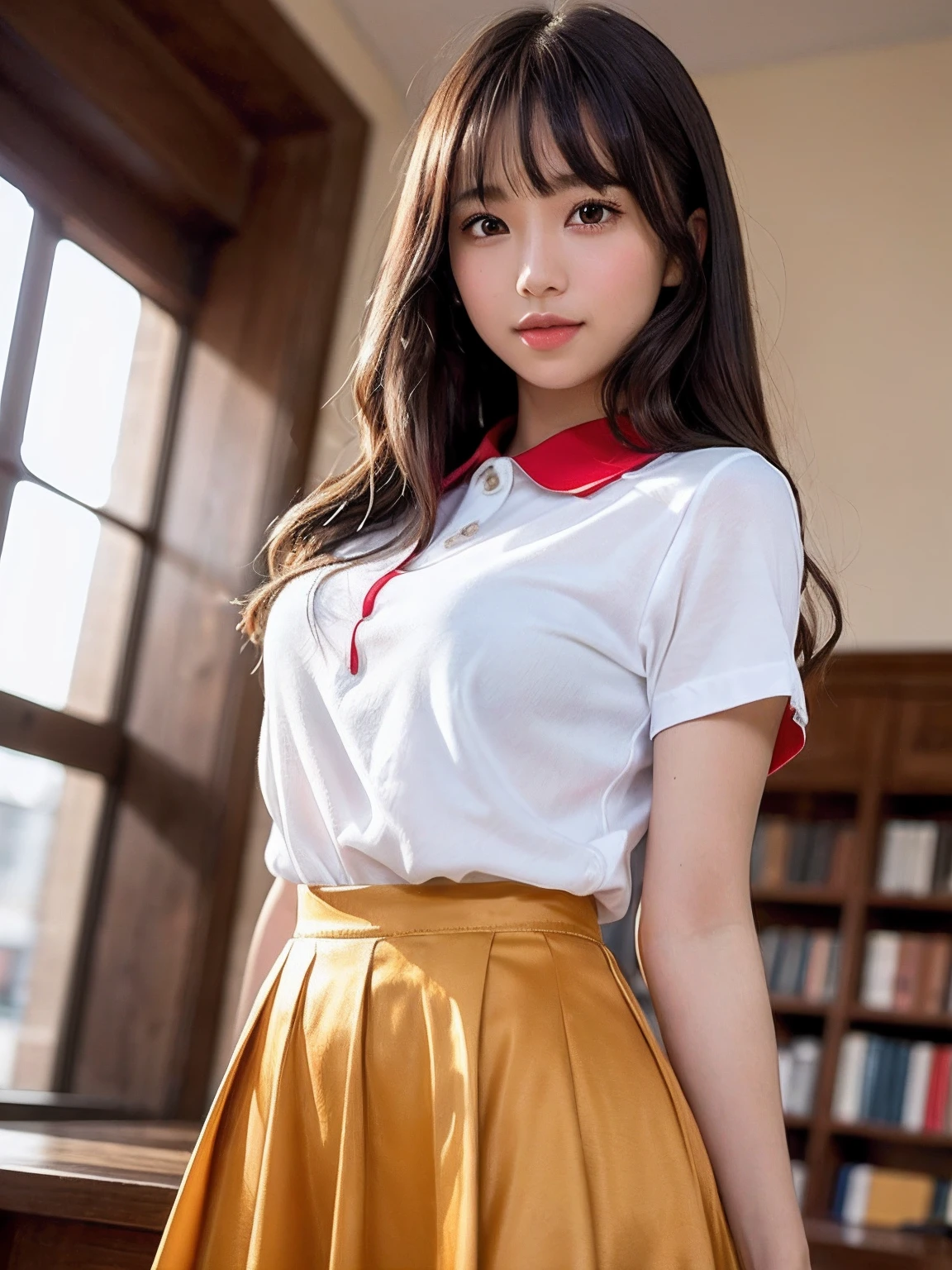 masterpiece, 1girl in 1photo, upper body shot, front view, young pretty girl in Japan, 15 years old, studying in a library of a high school with a historical record book on the desk, a big smile, glamorous figure, wearing a short sleeve shiny satin yellow shirt with dhiny red collar, wearing a long length shinyred leated skirt, super cute face, glossy lips, double eyelids for both eyes, natural makeup, long eyelashes, shiny smooth light brown hair of long bob hairstyle, asymmetrical bangs, tanned skin, center image, 8K resolution, high resolution, detailed hairstyle, detailed face, spectacular movie lighting, octane rendering, vibrant, hyper realistic, perfect limbs, perfect anatomy