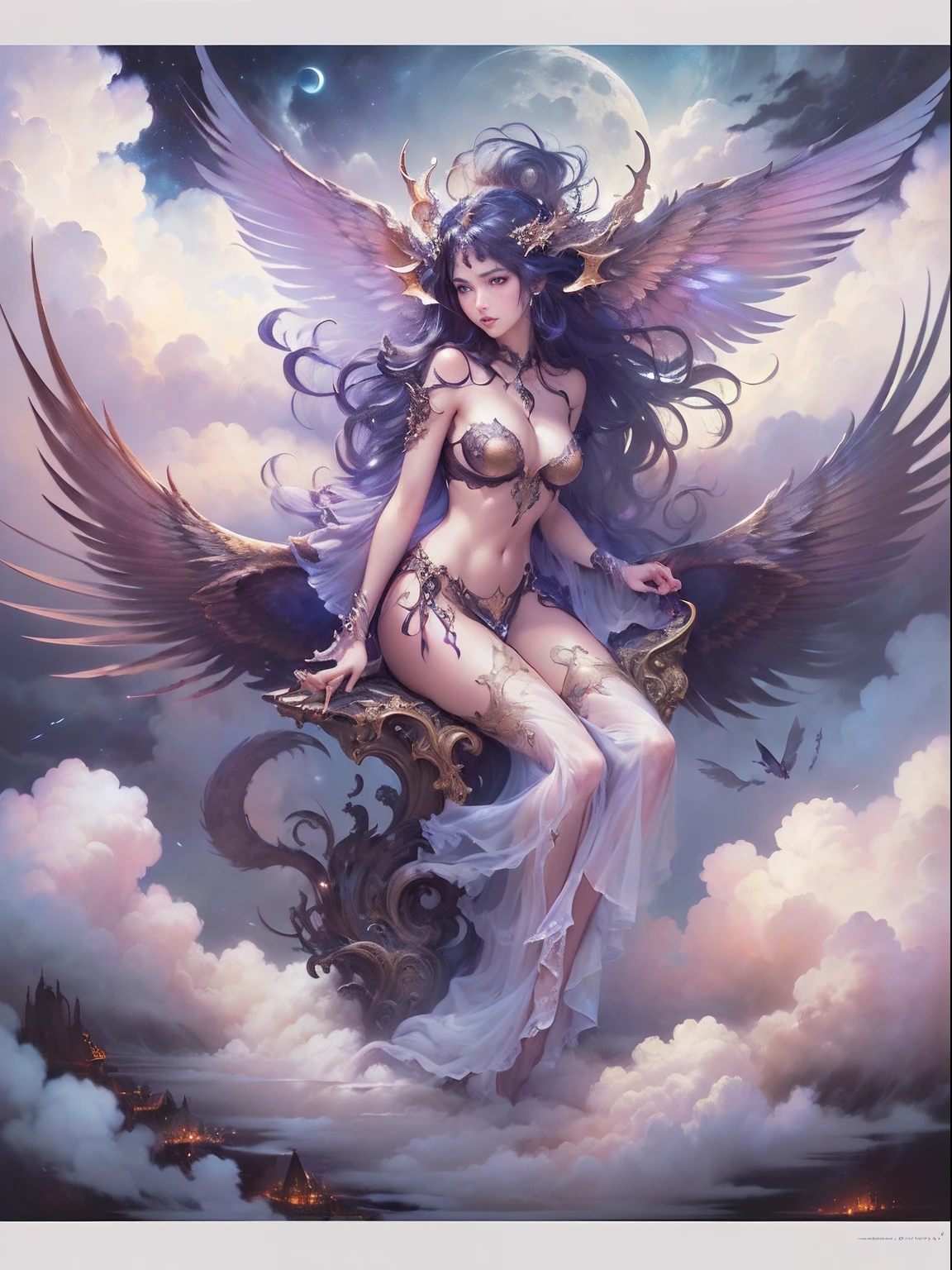 SEX、A sexy、teats、((top-quality))、((masterpiece))、detail portrayal、seductive succubus、Fantastic beauty、Float above the clouds、(fantasy illustrations:1.3)、a captivating gaze、Pose Seductive、Delicate wings、Otherworldly charm、mystical sky、(By Luis Royo:1.2)、(Yoshitaka Amano:1.1)、Moon Night、Soft colors、(detailed cloudscape:1.3)、(hight resolution:1.2)