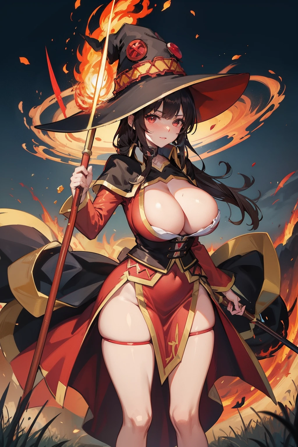 megumin, witch hat, fire burst element, burning effect, masterpiece, milf, mature_woman, huge breasts, perfect body shape, light makeup, field background with slime, holding wooden staff with ruby, bandage, 4k wallpaper quality